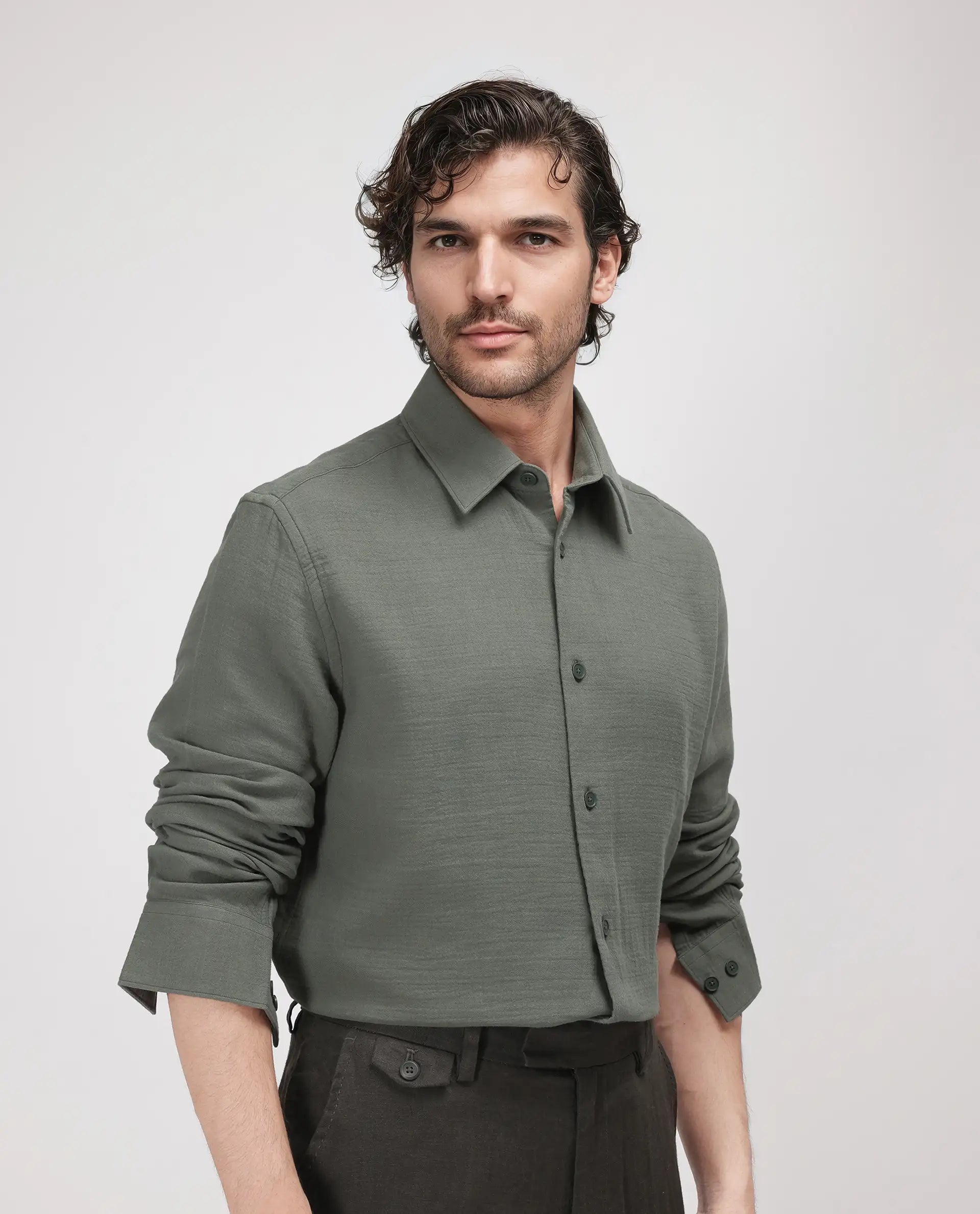 Rare Rabbit Men's Enim Olive Cotton Fabric Full Sleeve Spread Collar Button Closure Plain Shirt