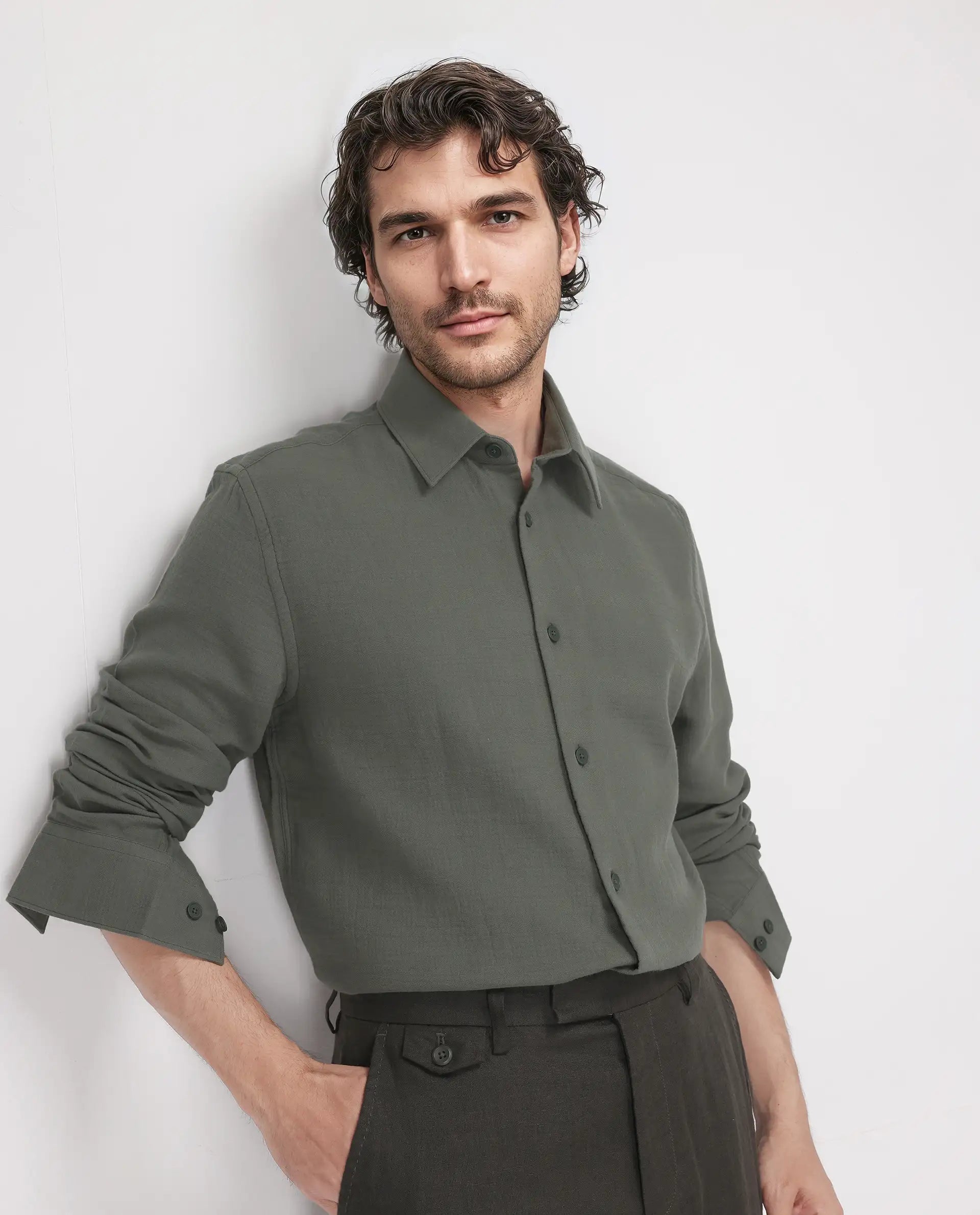 Rare Rabbit Men's Enim Olive Cotton Fabric Full Sleeve Spread Collar Button Closure Plain Shirt