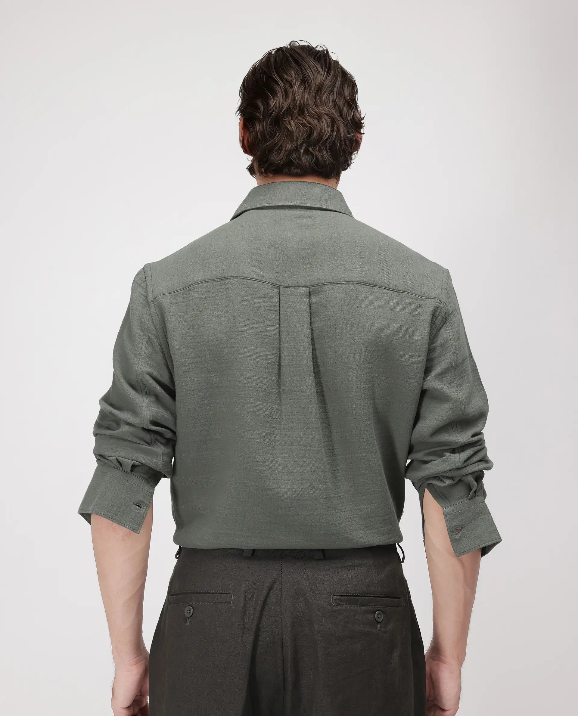 Rare Rabbit Men's Enim Olive Cotton Fabric Full Sleeve Spread Collar Button Closure Plain Shirt