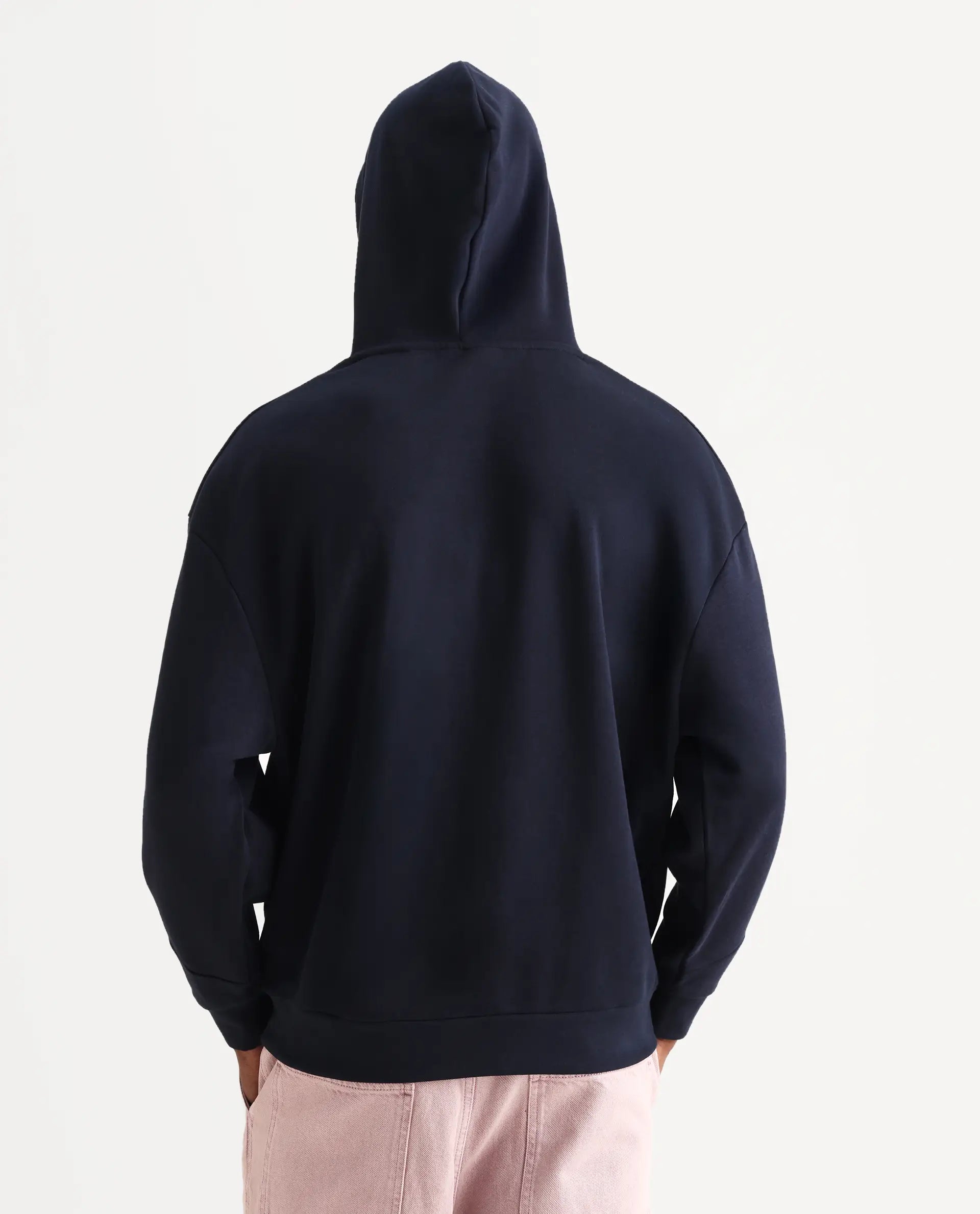 Rare Rabbit Men's Enoch Navy Cotton Blend Plain Boxy Fit Full Sleeve Hooded Sweatshirt