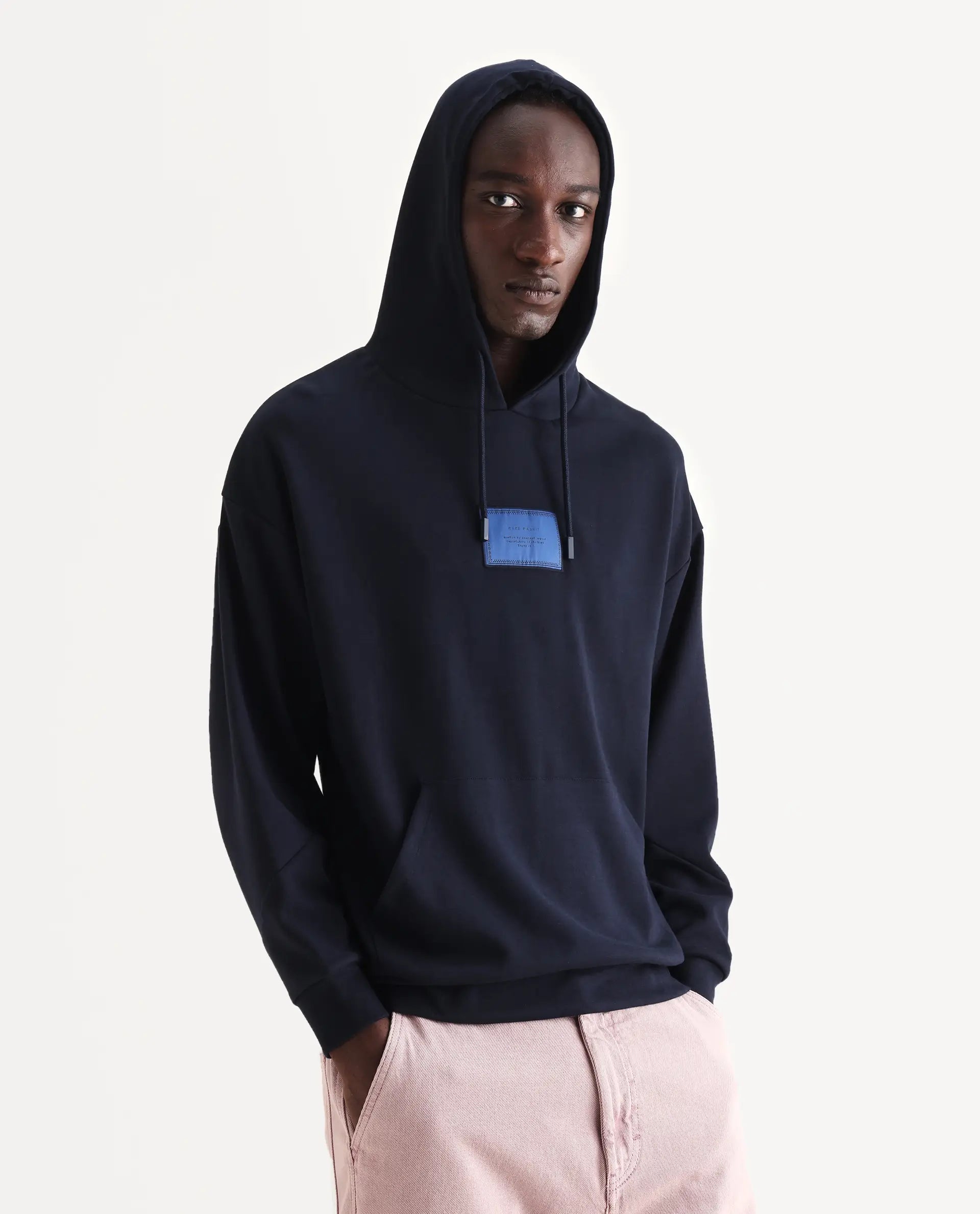 Rare Rabbit Men's Enoch Navy Cotton Blend Plain Boxy Fit Full Sleeve Hooded Sweatshirt