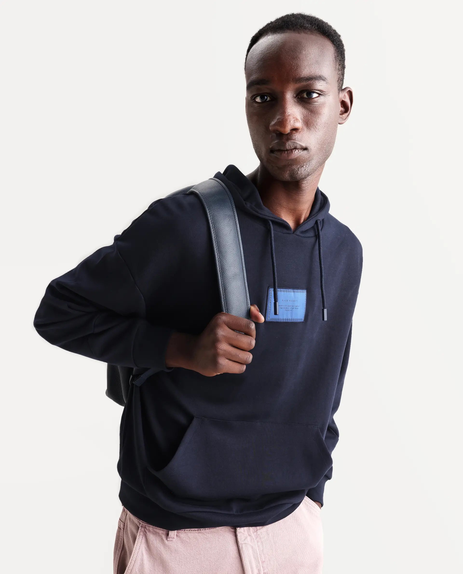 Rare Rabbit Men's Enoch Navy Cotton Blend Plain Boxy Fit Full Sleeve Hooded Sweatshirt