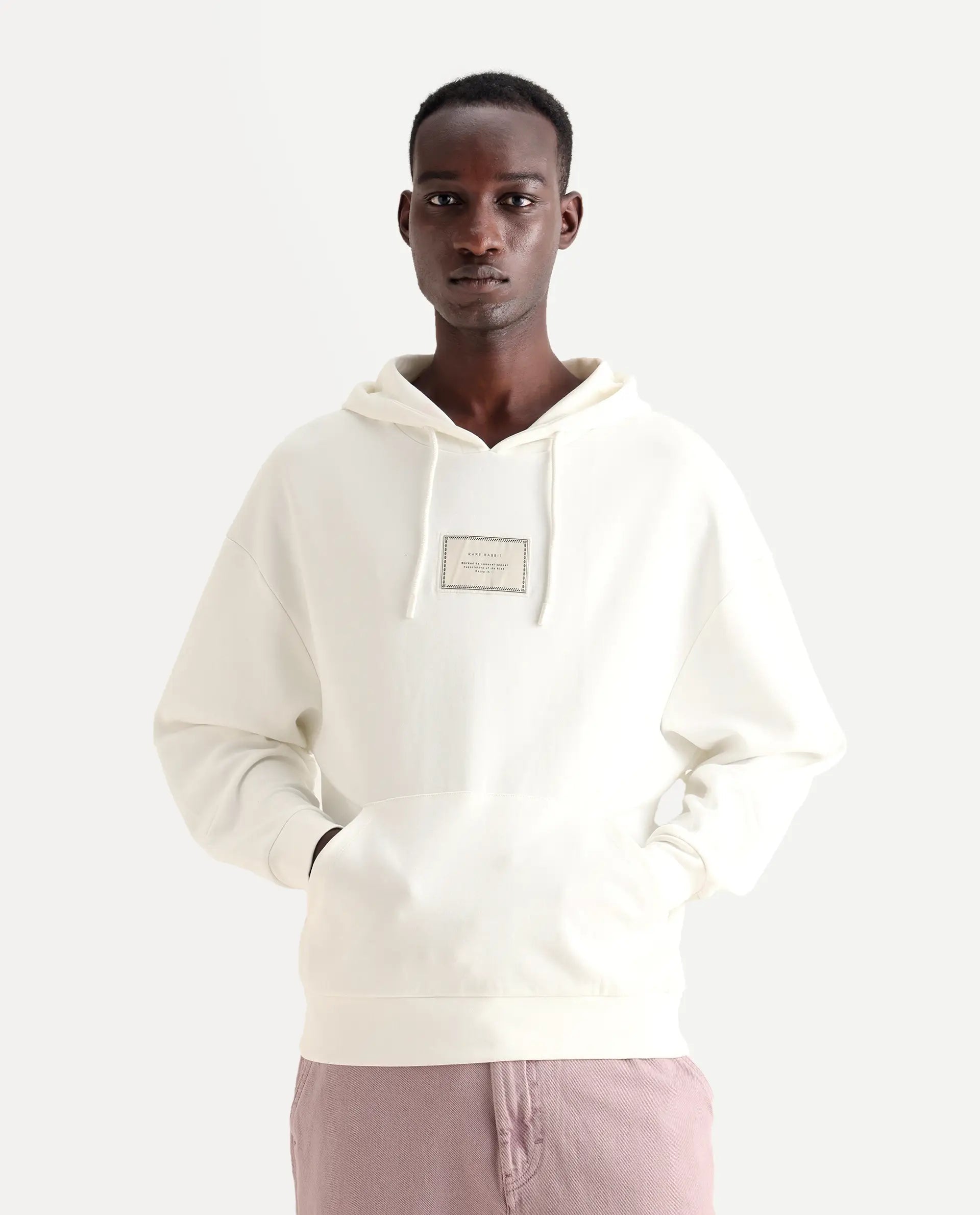 Rare Rabbit Men's Enoch Off White Cotton Blend Plain Boxy Fit Full Sleeve Hooded Sweatshirt