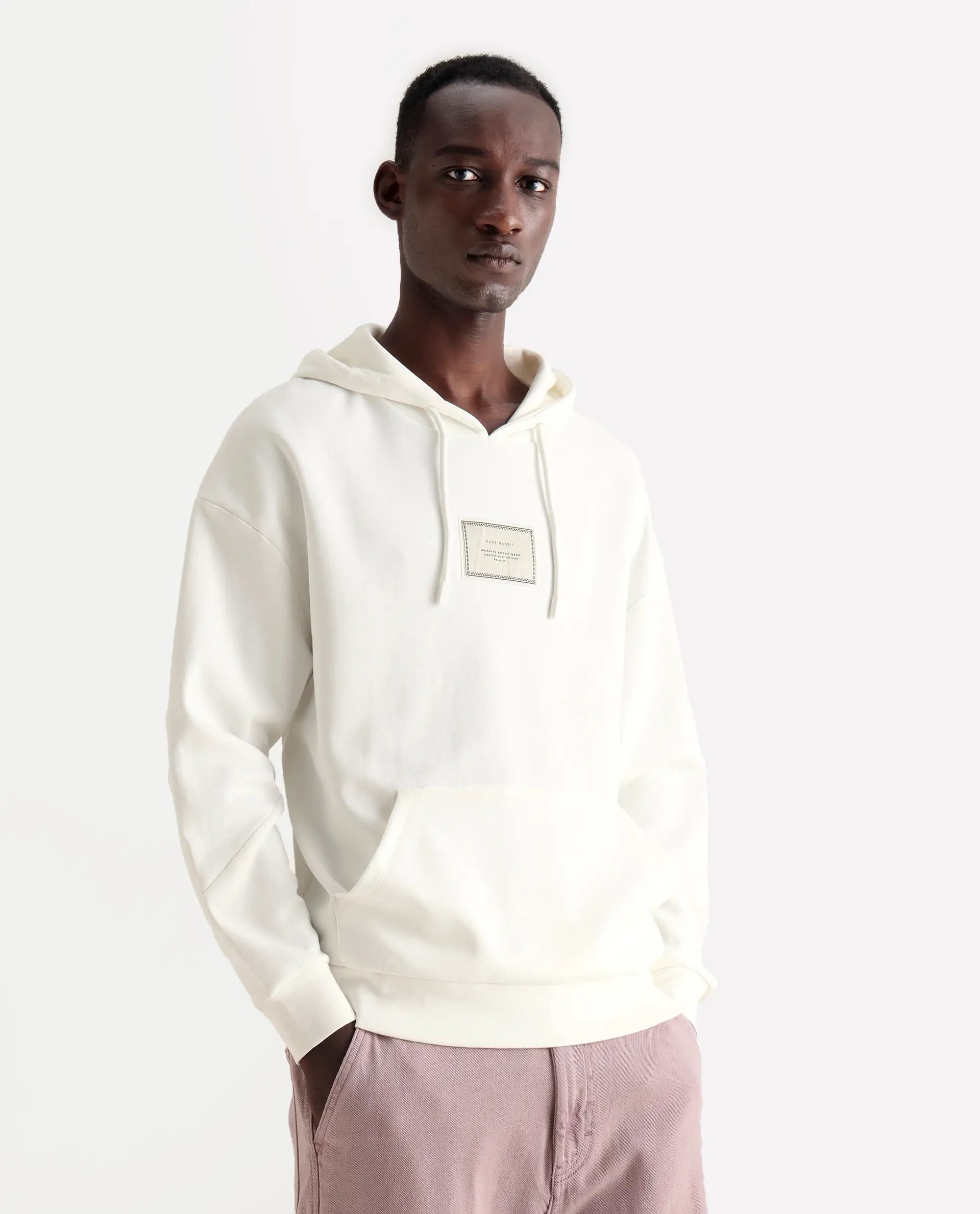 Rare Rabbit Men's Enoch Off White Cotton Blend Plain Boxy Fit Full Sleeve Hooded Sweatshirt