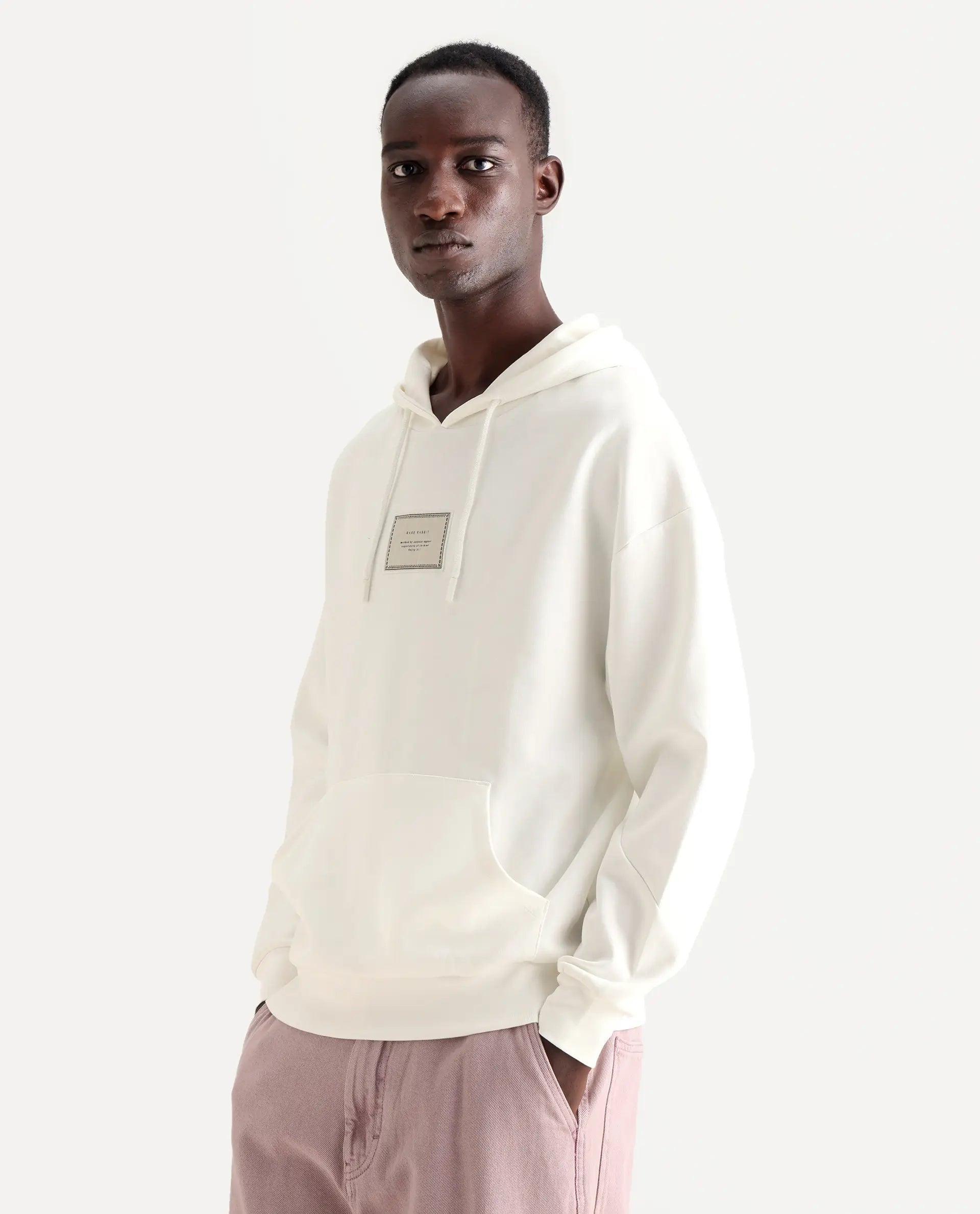 Rare Rabbit Men's Enoch Off White Cotton Blend Plain Boxy Fit Full Sleeve Hooded Sweatshirt