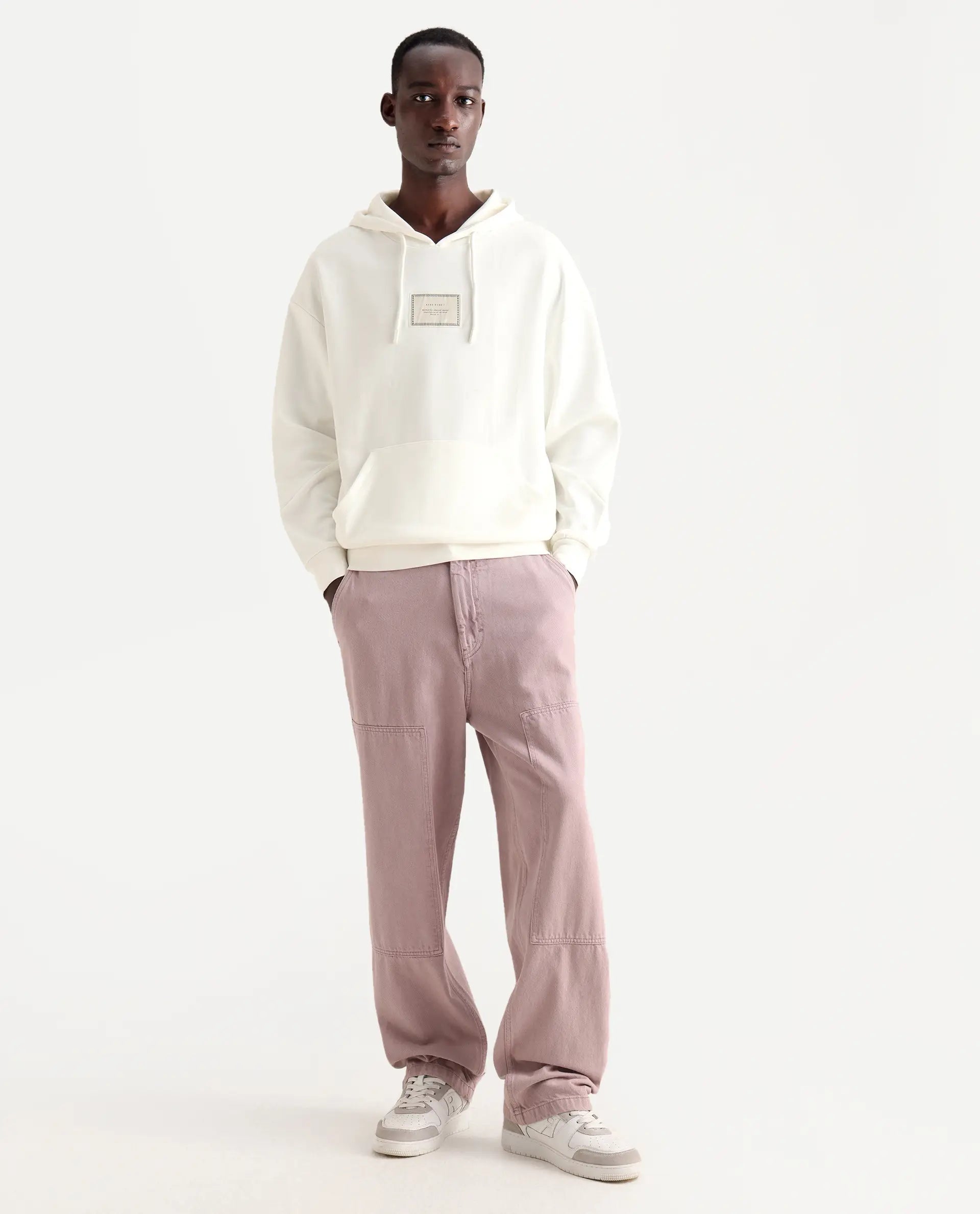 Rare Rabbit Men's Enoch Off White Cotton Blend Plain Boxy Fit Full Sleeve Hooded Sweatshirt