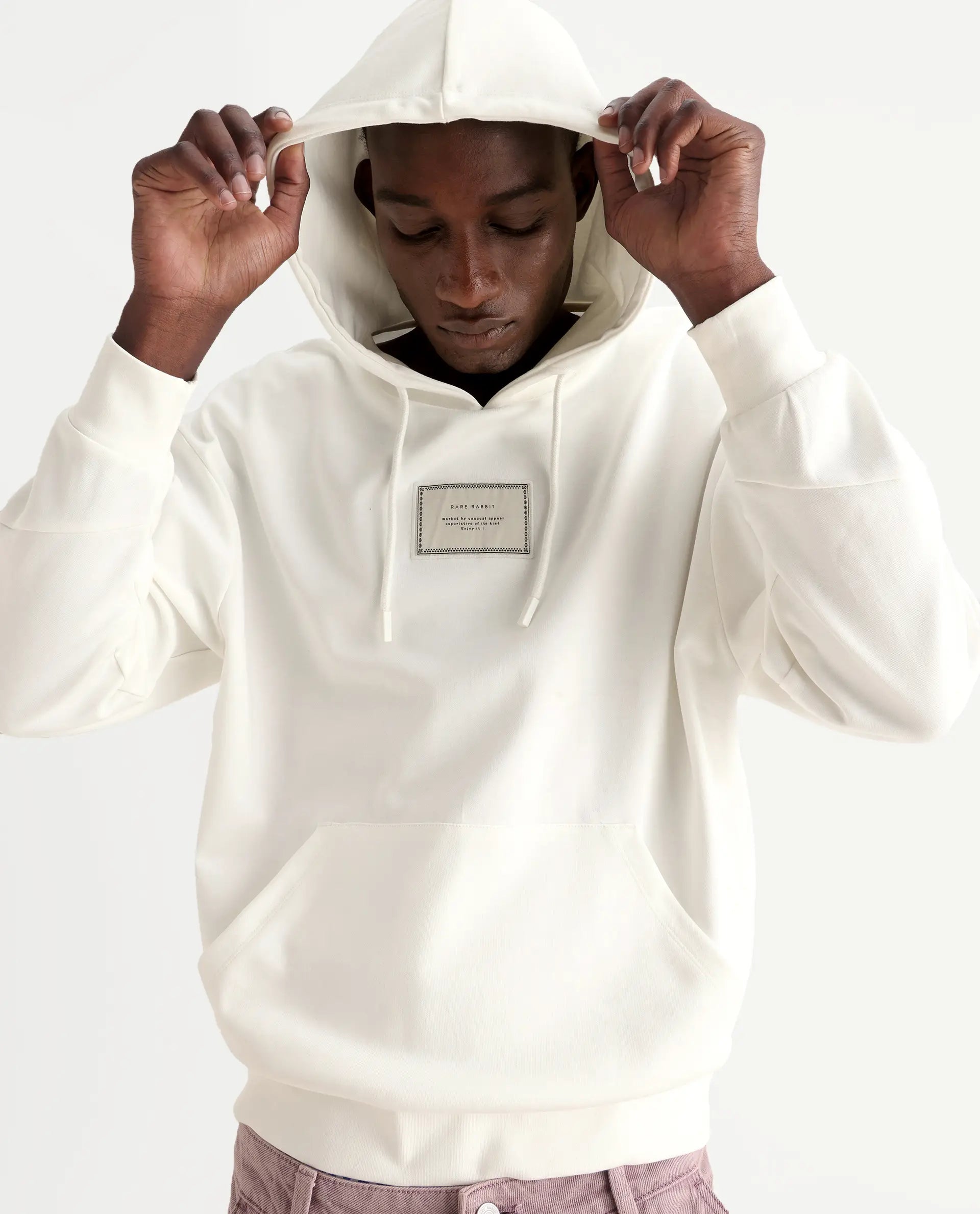 Rare Rabbit Men's Enoch Off White Cotton Blend Plain Boxy Fit Full Sleeve Hooded Sweatshirt