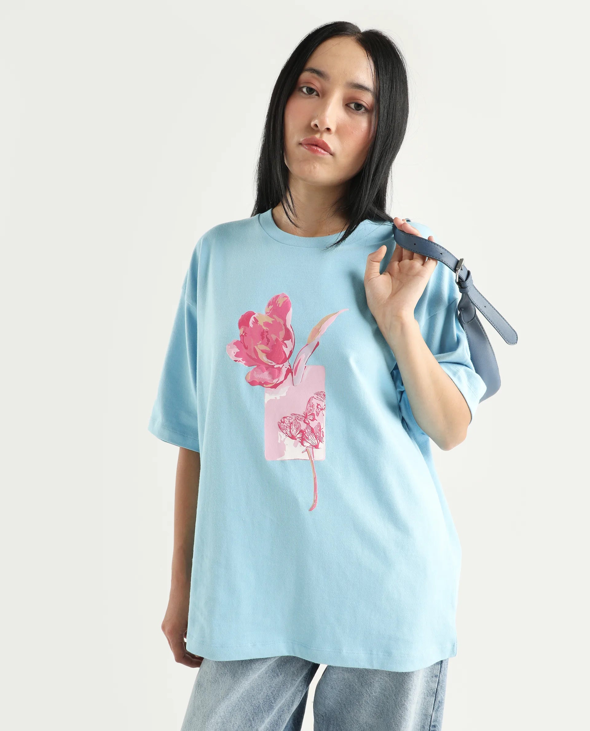 Rareism Women's Enof Blue Cotton Graphic Print Oversized T-Shirt