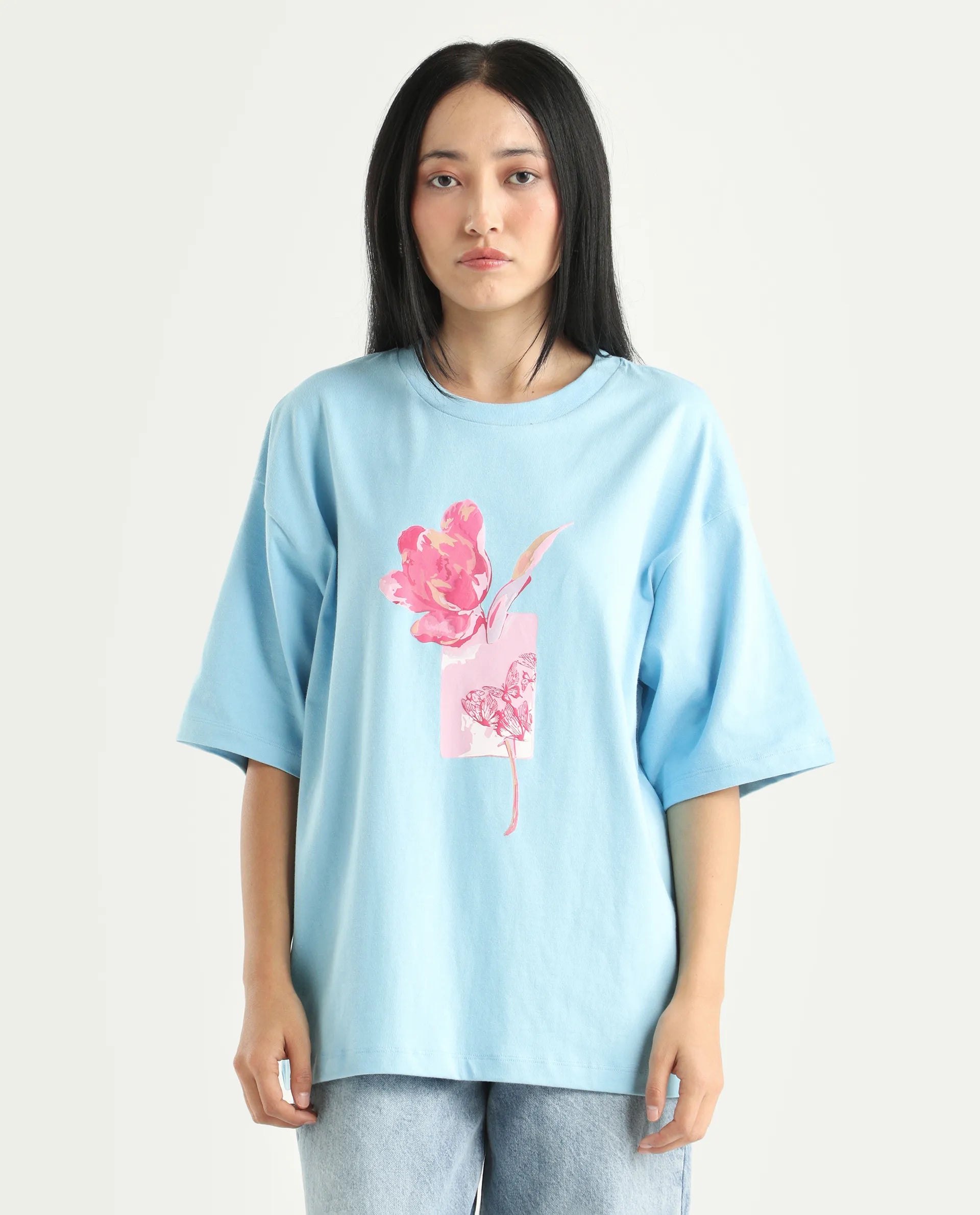 Rareism Women's Enof Blue Cotton Graphic Print Oversized T-Shirt