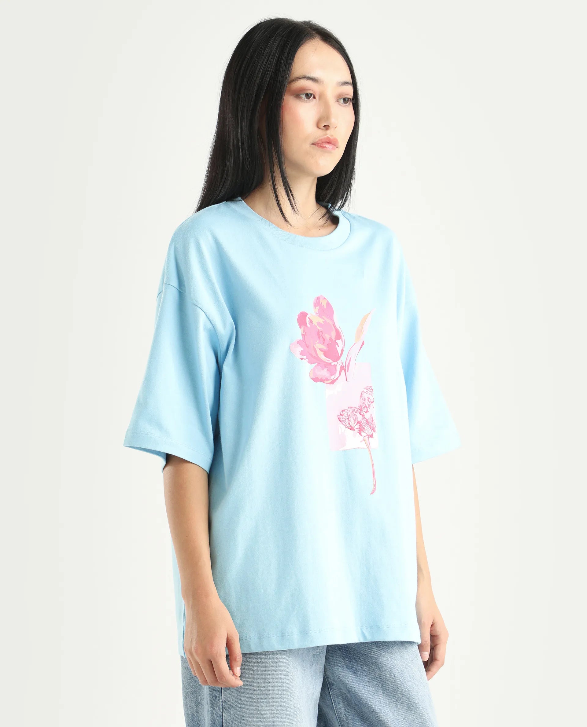 Rareism Women's Enof Blue Cotton Graphic Print Oversized T-Shirt