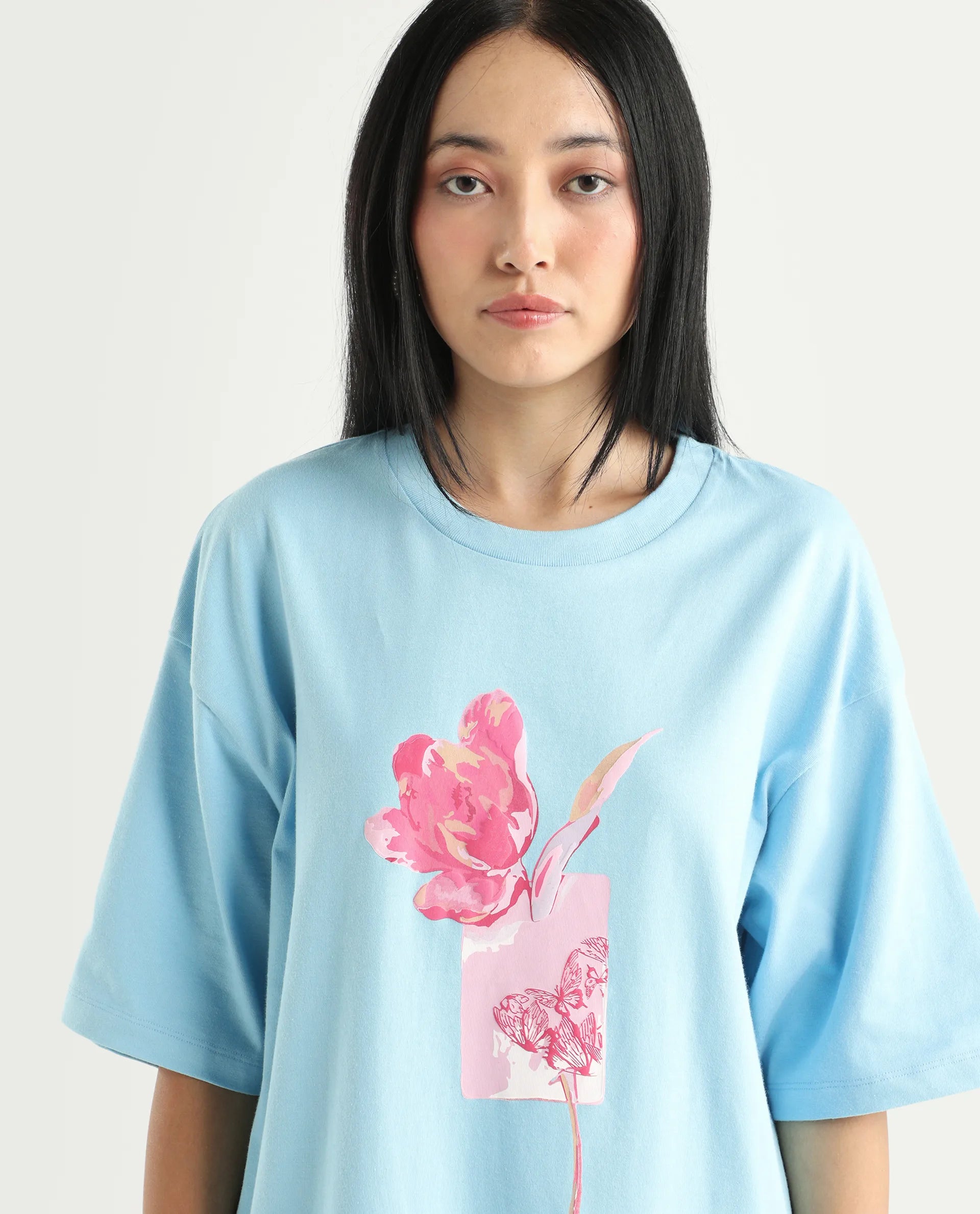 Rareism Women's Enof Blue Cotton Graphic Print Oversized T-Shirt