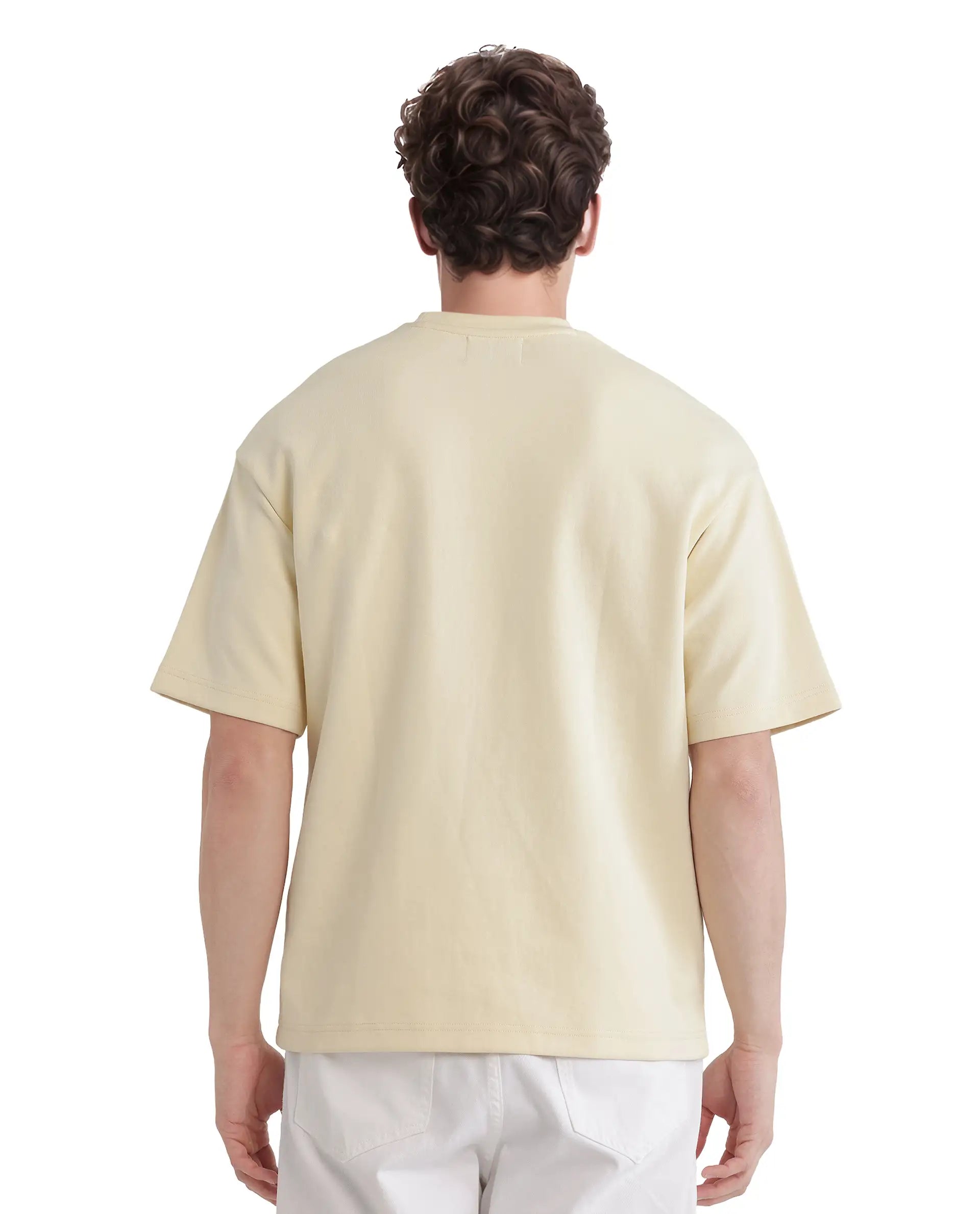Rare Rabbit Men Enoxo Pastel Yellow Cotton Poly Fabric Short Sleeve Crew Neck Oversized Fit Embroidered T-Shirt