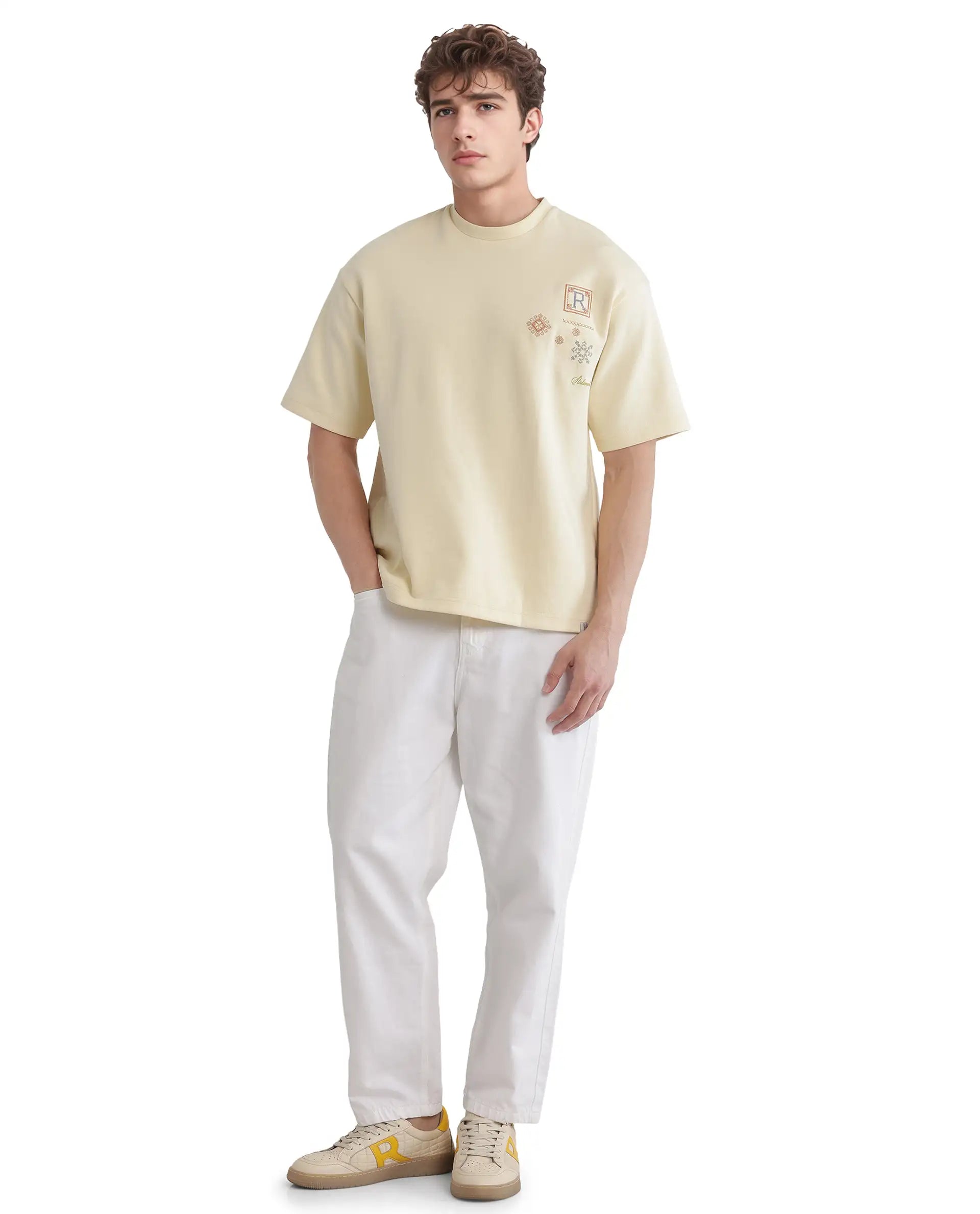 Rare Rabbit Men Enoxo Pastel Yellow Cotton Poly Fabric Short Sleeve Crew Neck Oversized Fit Embroidered T-Shirt