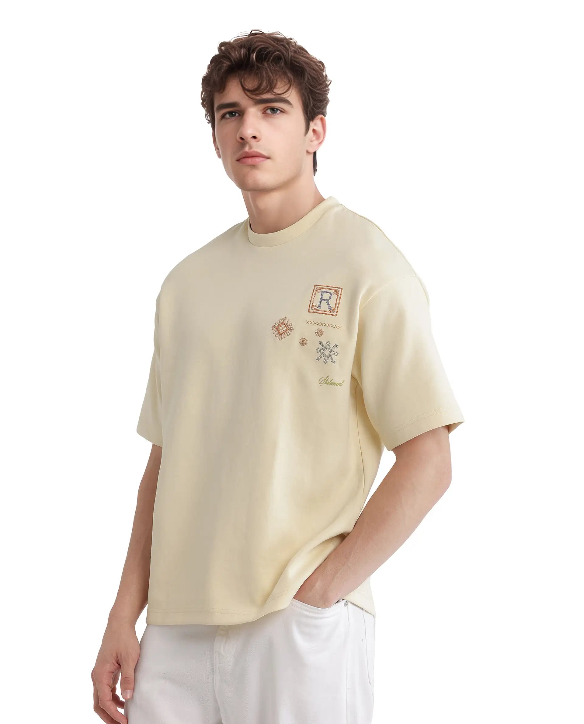 Rare Rabbit Men Enoxo Pastel Yellow Cotton Poly Fabric Short Sleeve Crew Neck Oversized Fit Embroidered T-Shirt