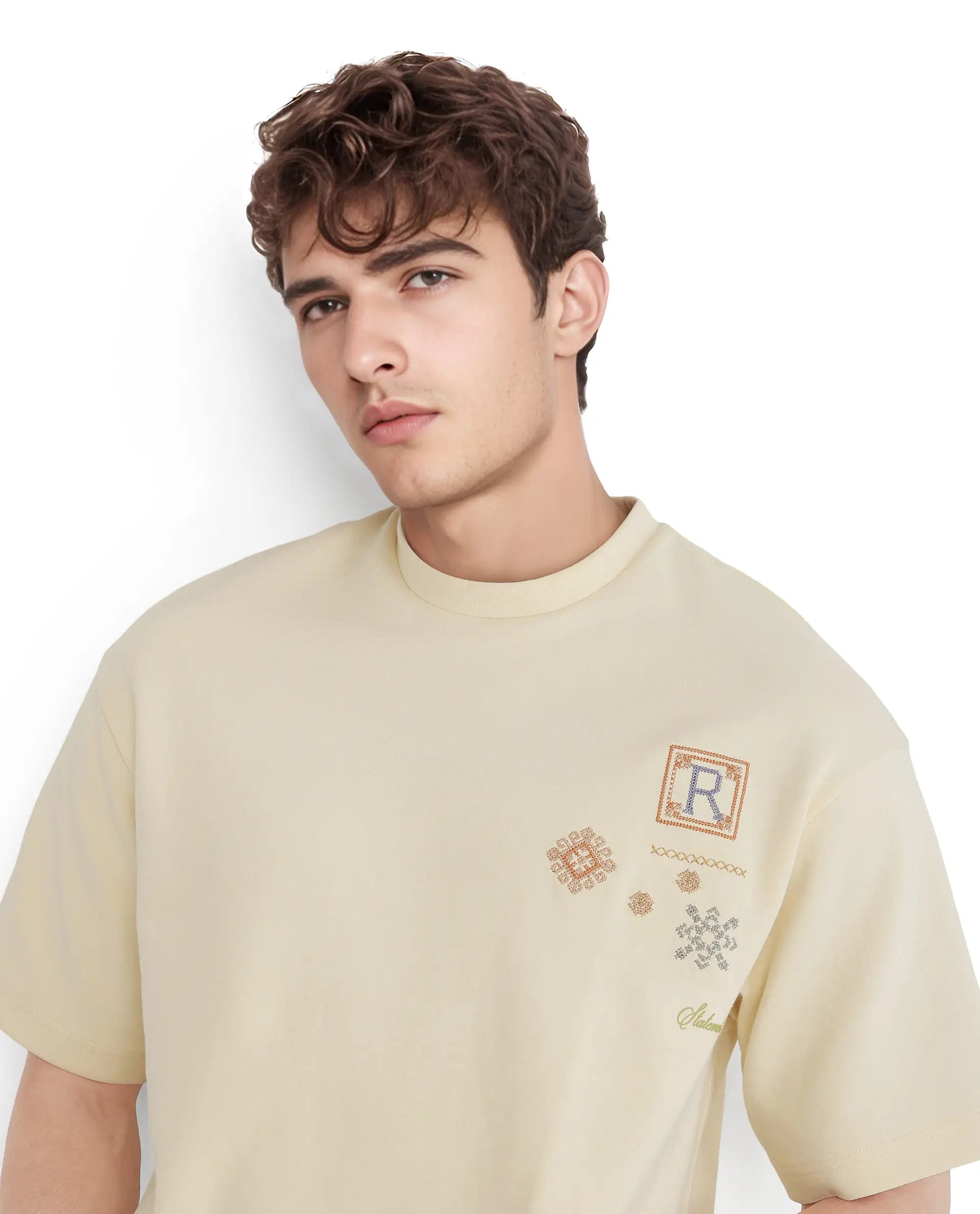 Rare Rabbit Men Enoxo Pastel Yellow Cotton Poly Fabric Short Sleeve Crew Neck Oversized Fit Embroidered T-Shirt