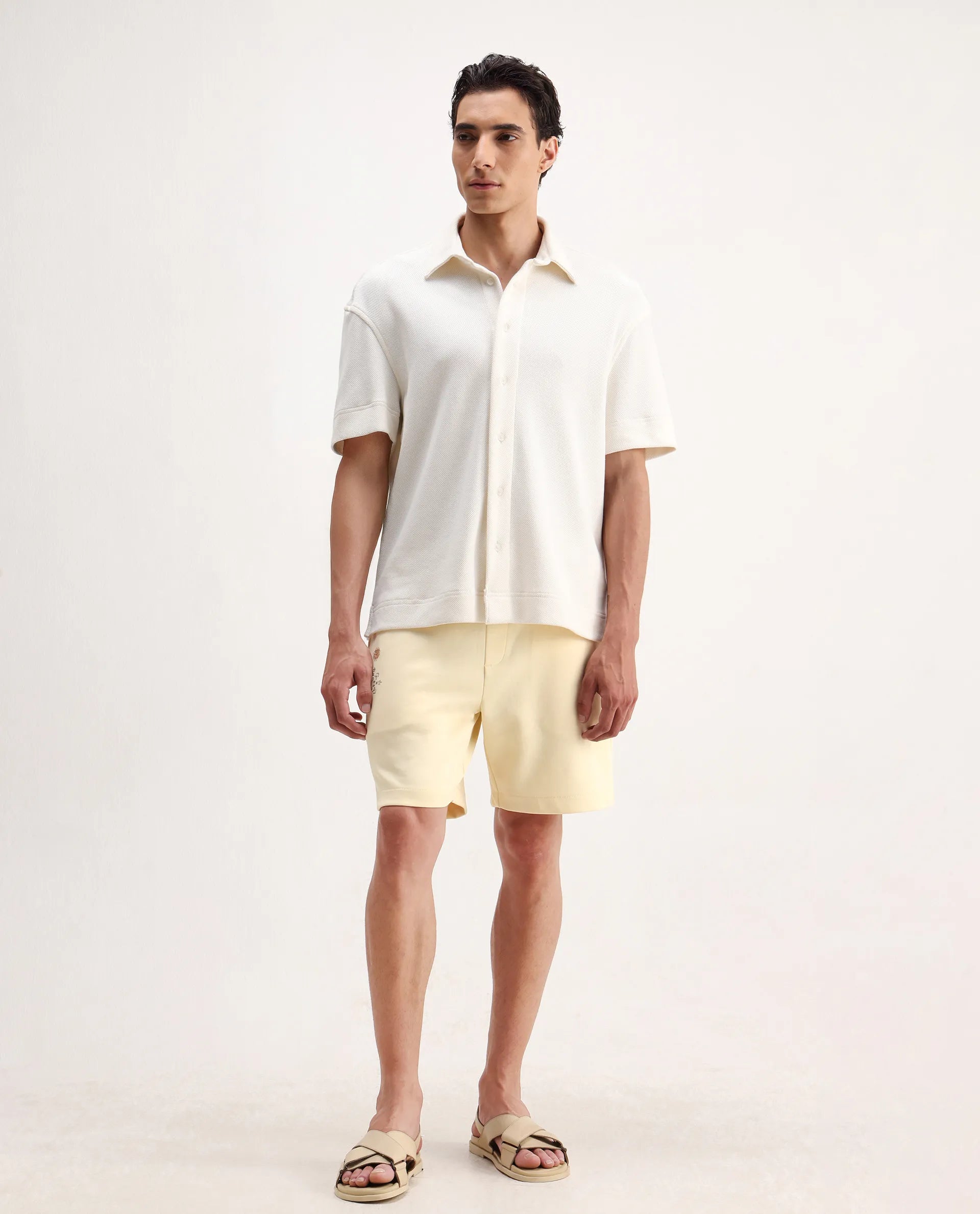 Rare Rabbit Men's Enox Pastel Yellow Cotton Blend Embroidered Regular Fit Shorts