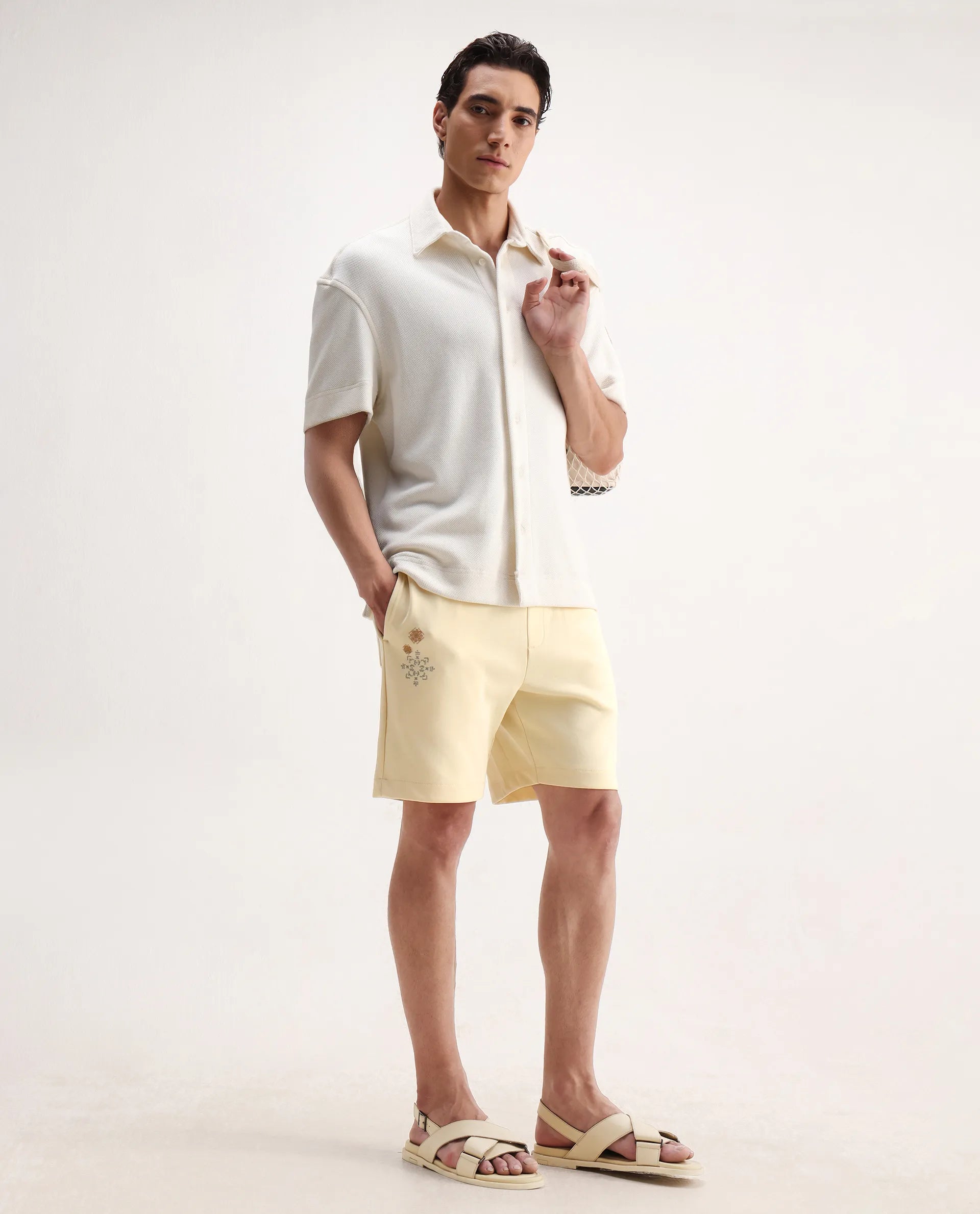Rare Rabbit Men's Enox Pastel Yellow Cotton Blend Embroidered Regular Fit Shorts