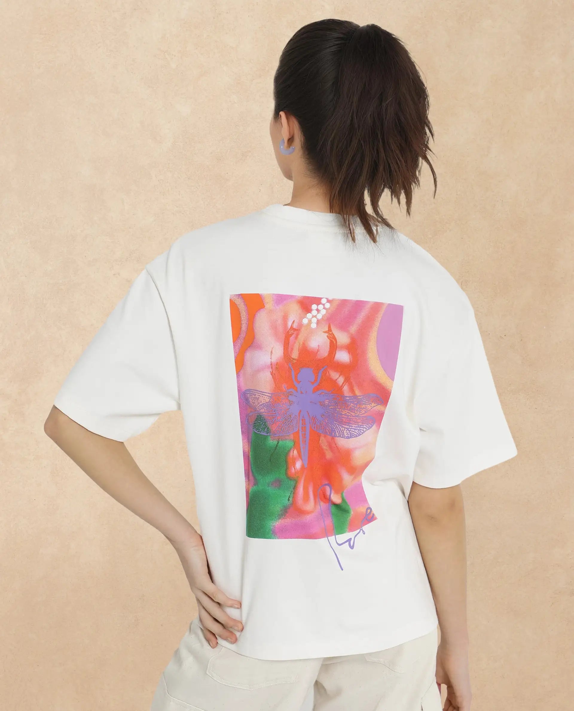 Rareism Women Enrique Off White Cotton Fabric Short Sleeve Crew Neck Solid T-Shirt