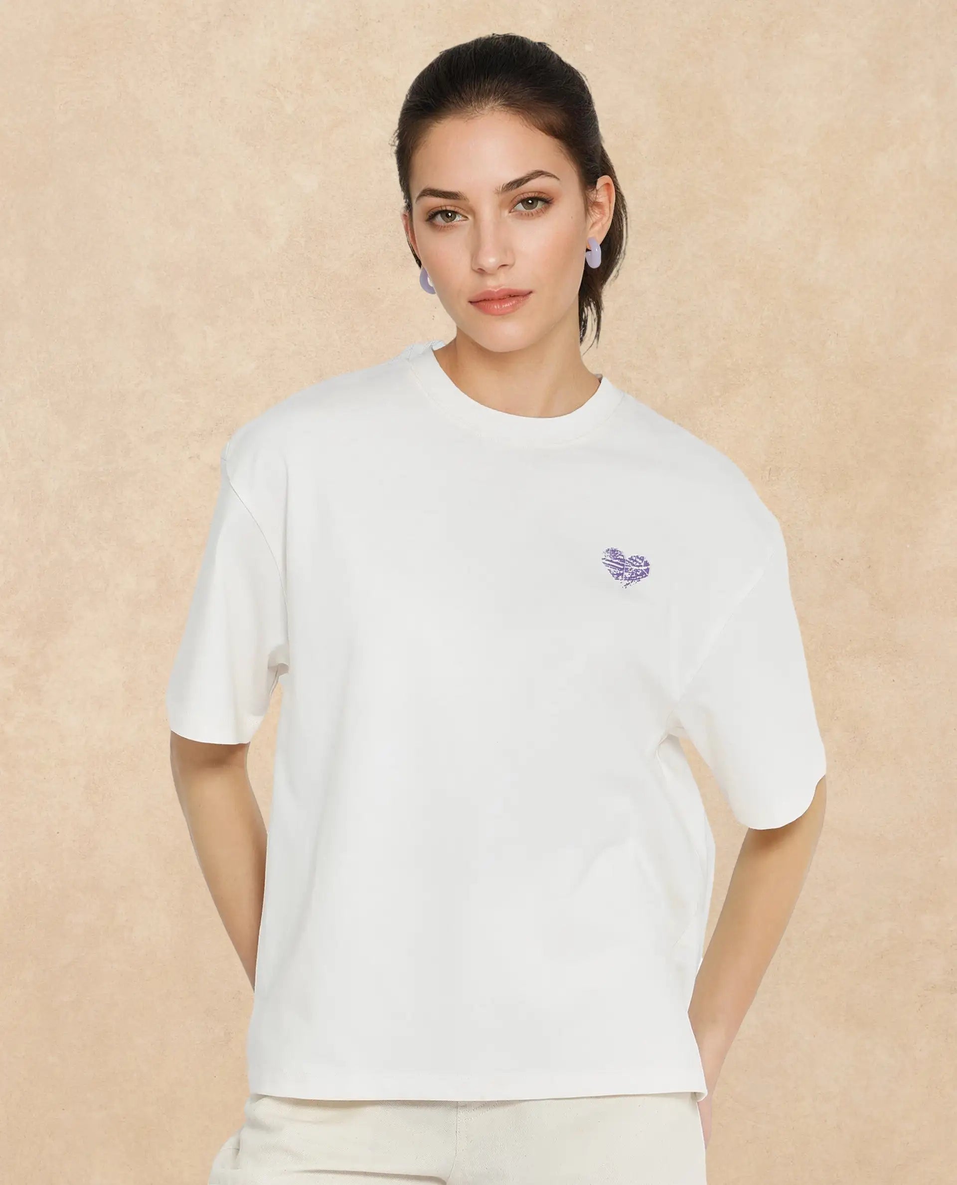 Rareism Women Enrique Off White Cotton Fabric Short Sleeve Crew Neck Solid T-Shirt