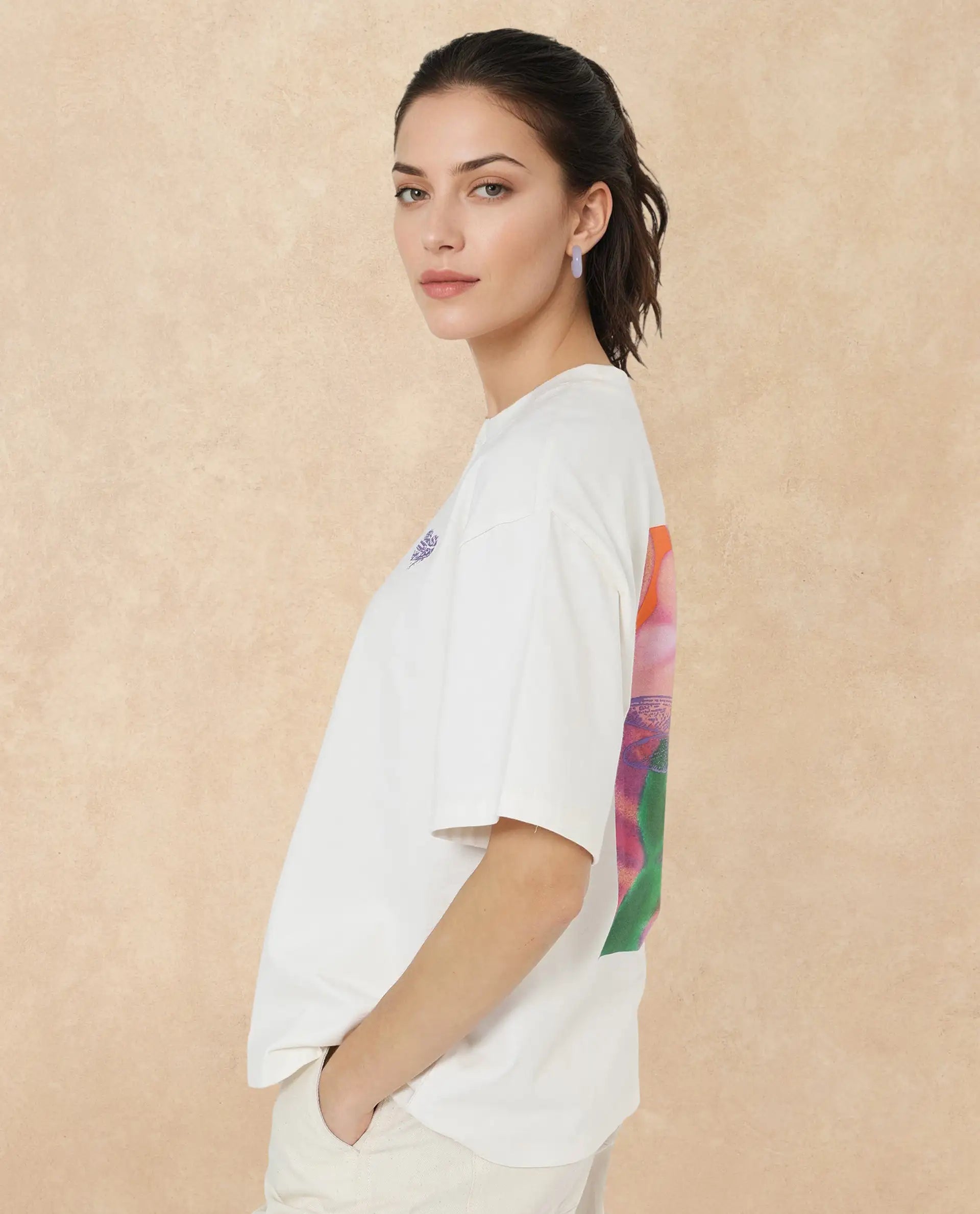 Rareism Women Enrique Off White Cotton Fabric Short Sleeve Crew Neck Solid T-Shirt