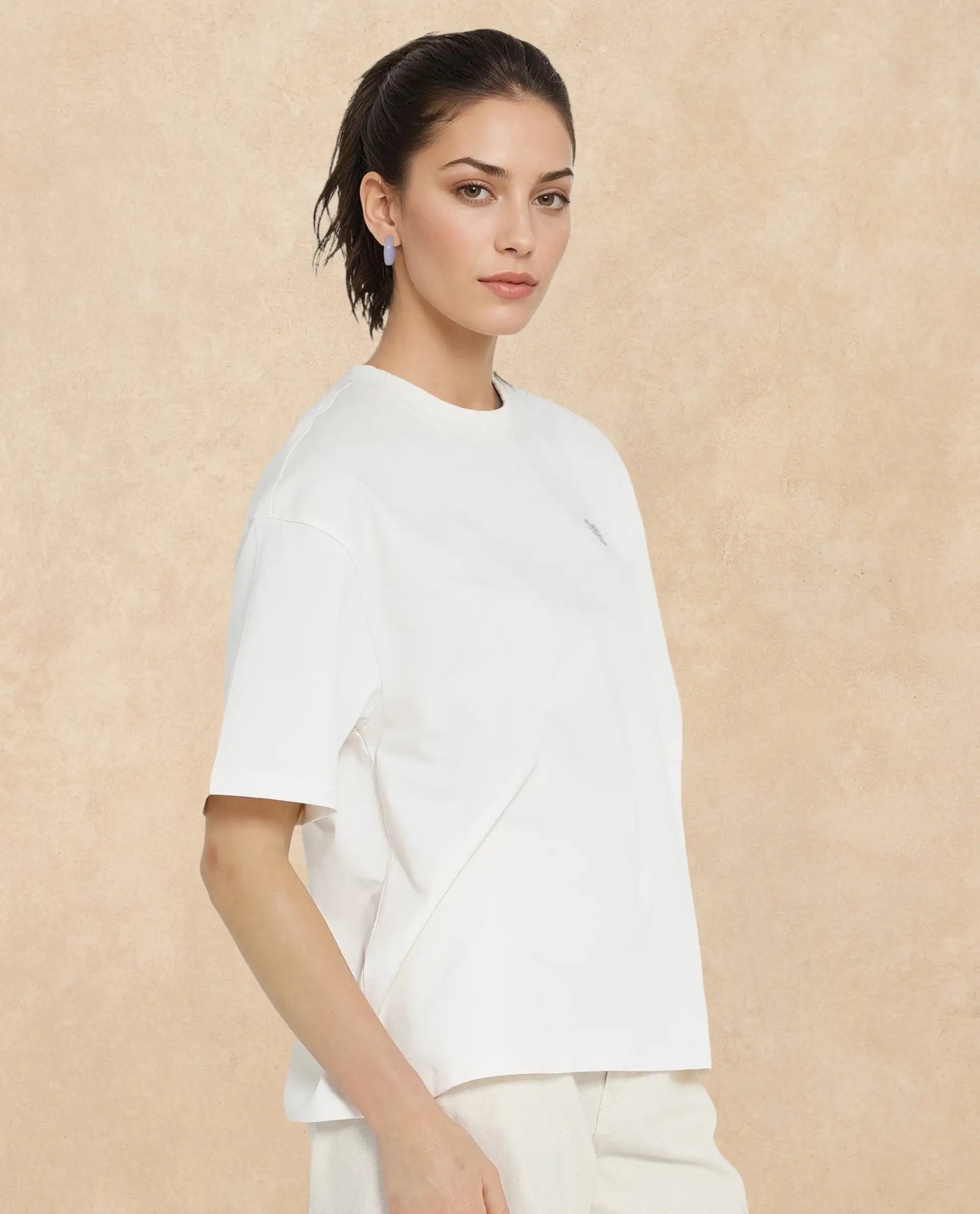 Rareism Women Enrique Off White Cotton Fabric Short Sleeve Crew Neck Solid T-Shirt