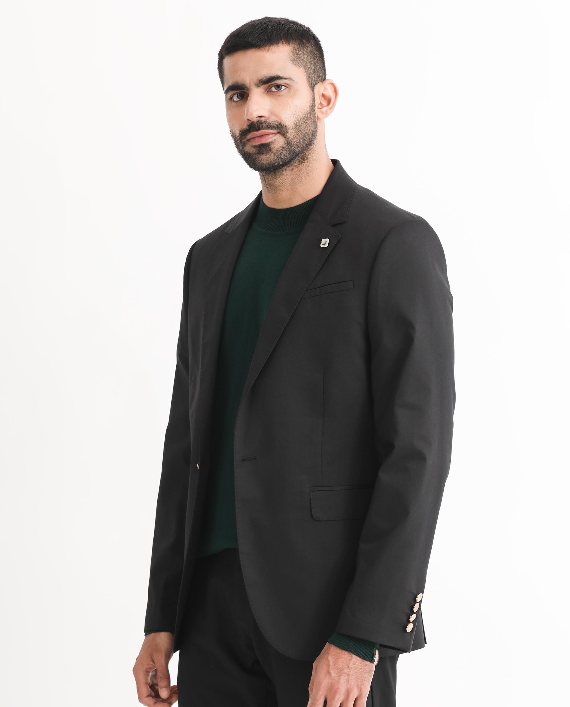 Rare Rabbit Men's Envest Black Polyester Viscose Fabric Notch Lapel Single Breasted Tailored Fit Solid Blazer