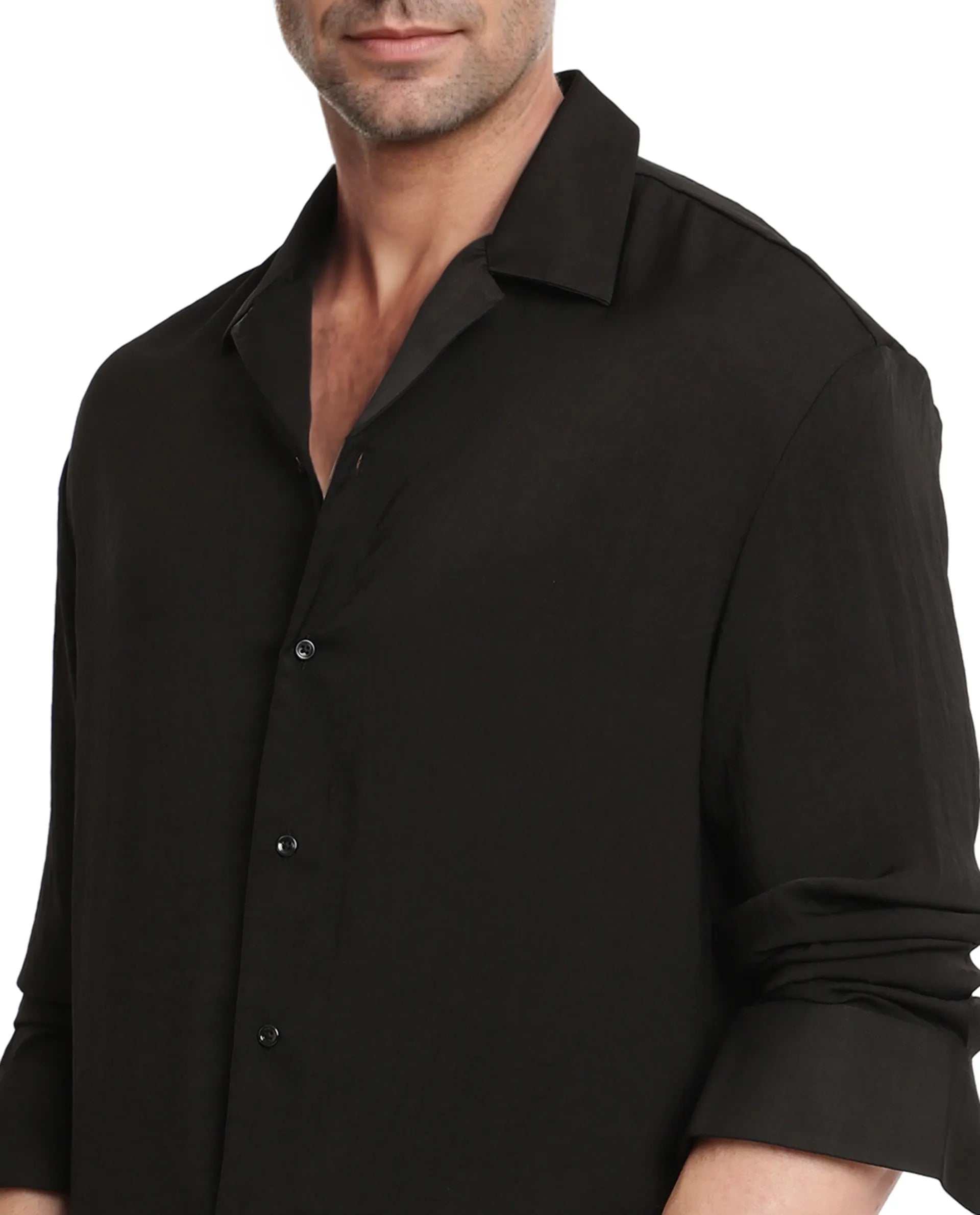 Rare Rabbit Articale Men's Enzo Black Polyester Fabric Full Sleeve Collared Neck Button Closure Slim Fit Solid Shirt