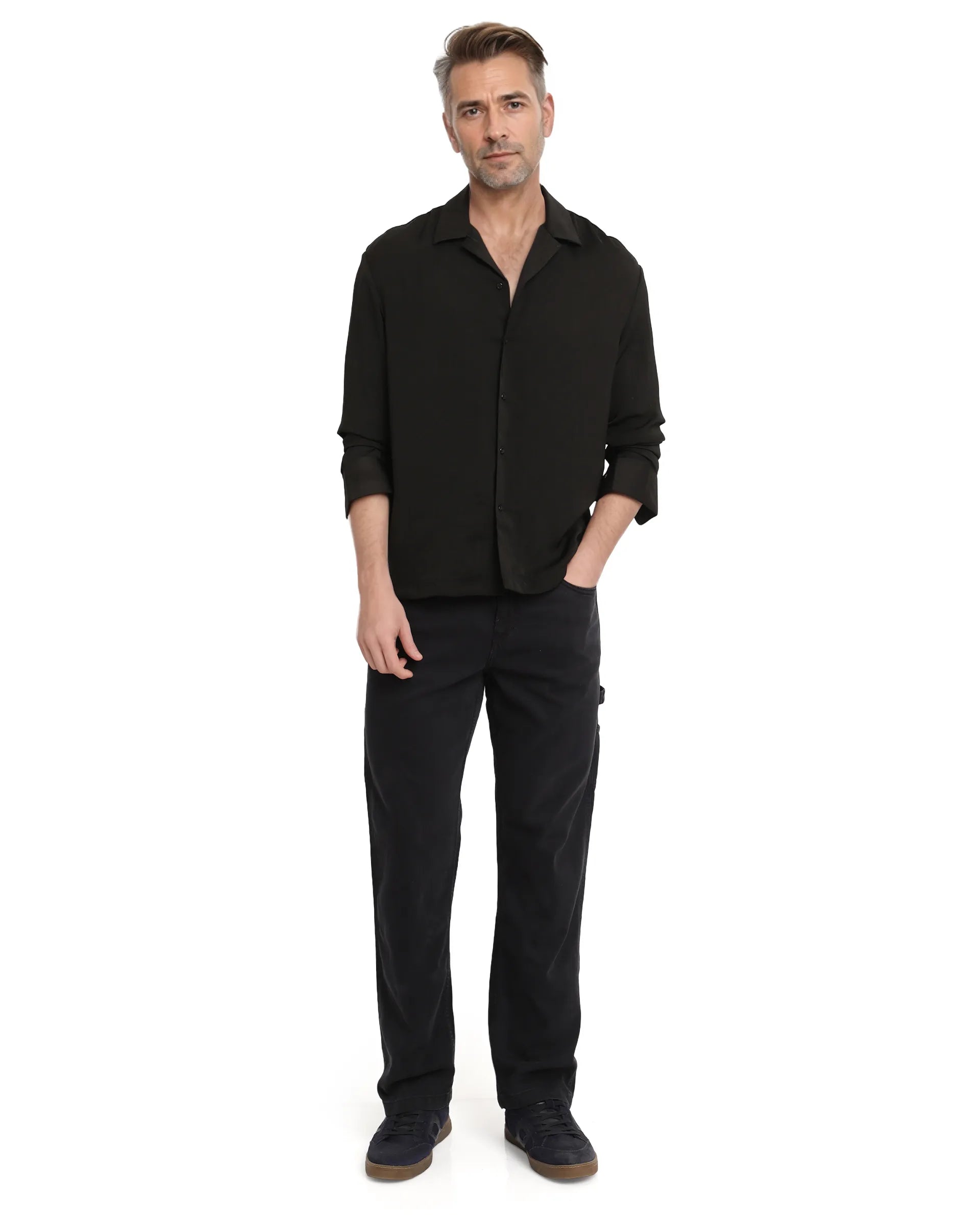 Rare Rabbit Articale Men's Enzo Black Polyester Fabric Full Sleeve Collared Neck Button Closure Slim Fit Solid Shirt