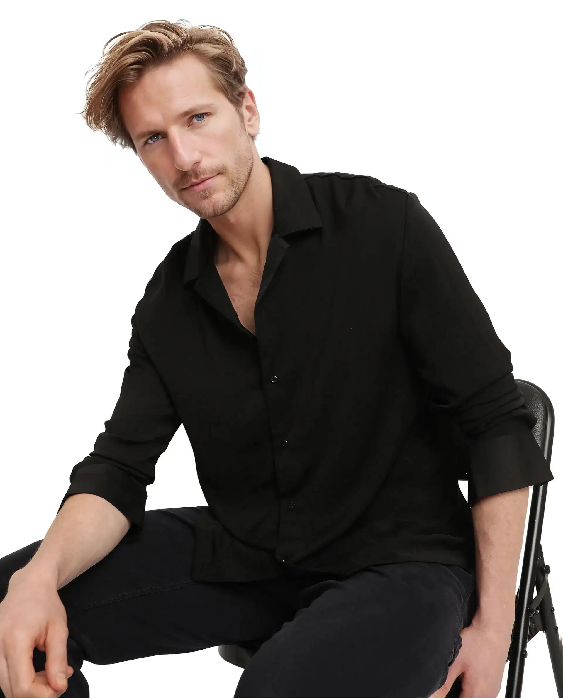 Rare Rabbit Articale Men's Enzo Black Polyester Fabric Full Sleeve Collared Neck Button Closure Slim Fit Solid Shirt