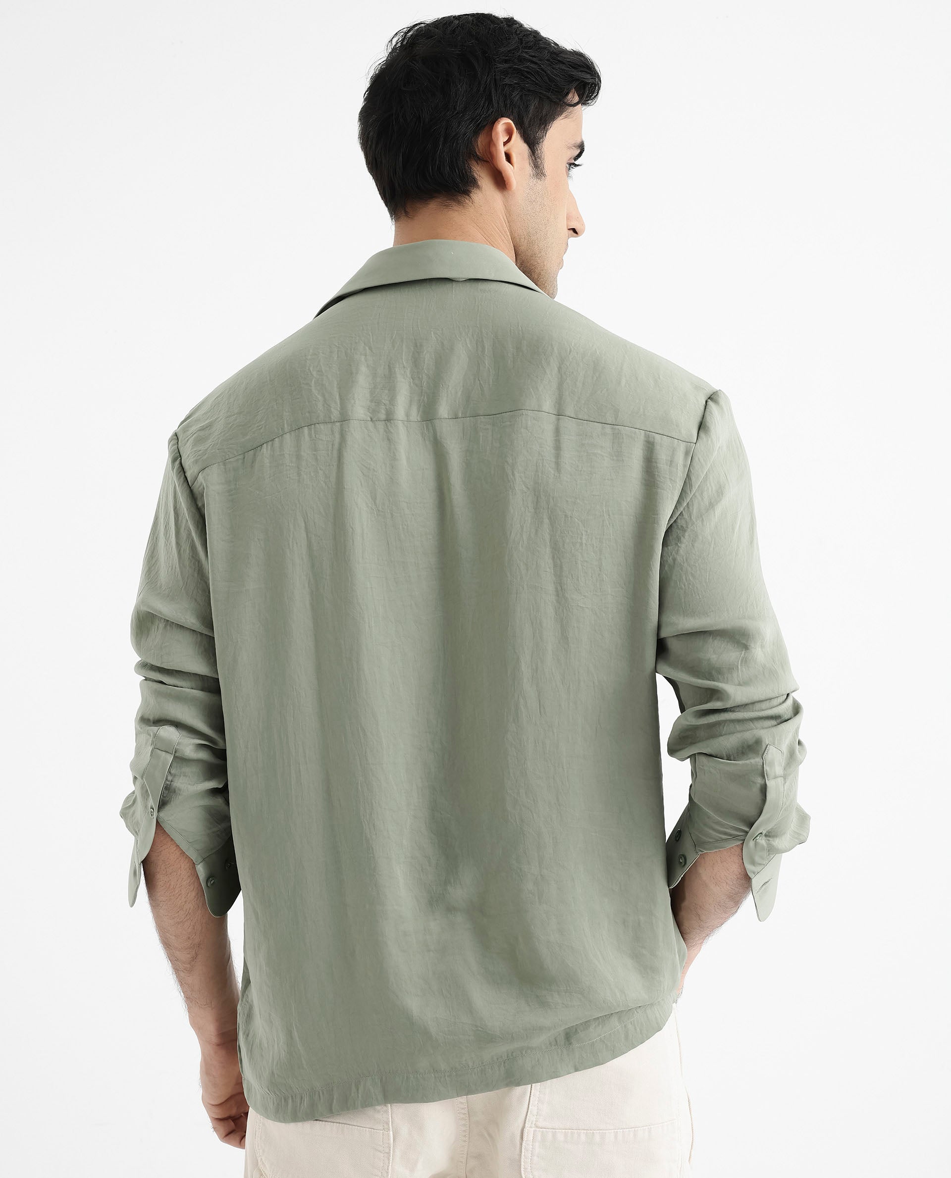 Rare Rabbit Articale Men's Enzo Dusky Green Polyester Fabric Full Sleeve Collared Neck Button Closure Slim Fit Solid Shirt