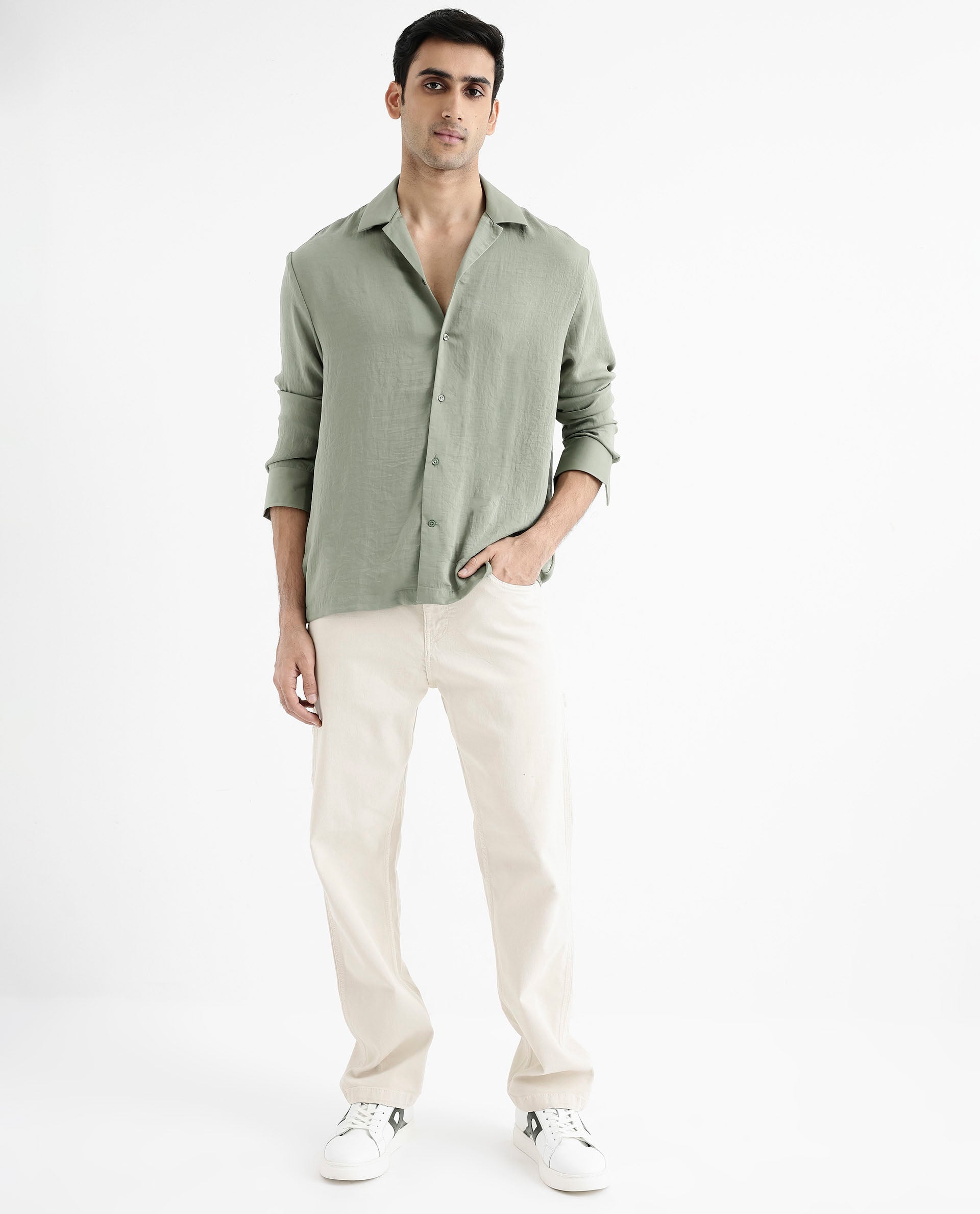 Rare Rabbit Articale Men's Enzo Dusky Green Polyester Fabric Full Sleeve Collared Neck Button Closure Slim Fit Solid Shirt