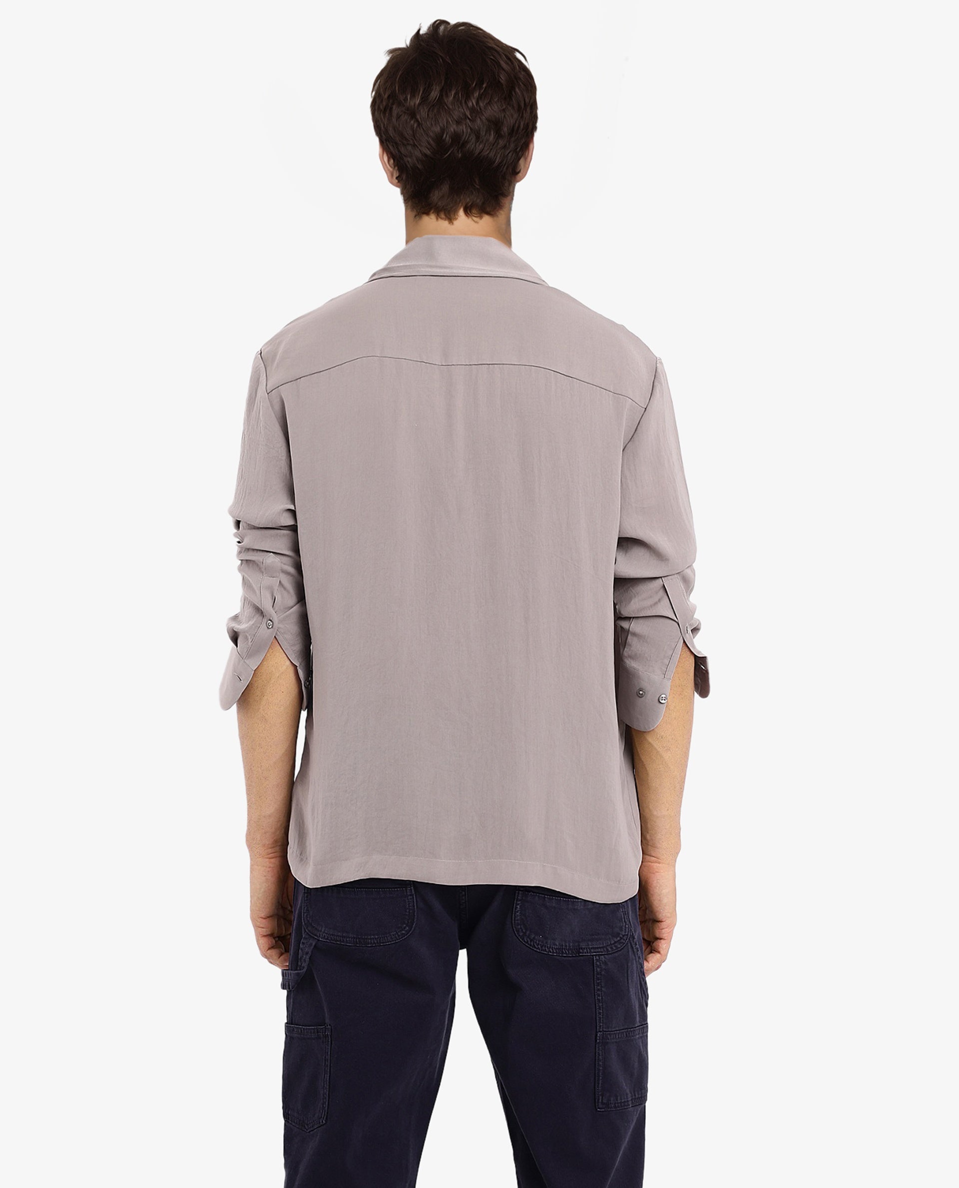 Rare Rabbit Articale Men's Enzo Dusky Grey Polyester Fabric Full Sleeve Collared Neck Button Closure Slim Fit Solid Shirt