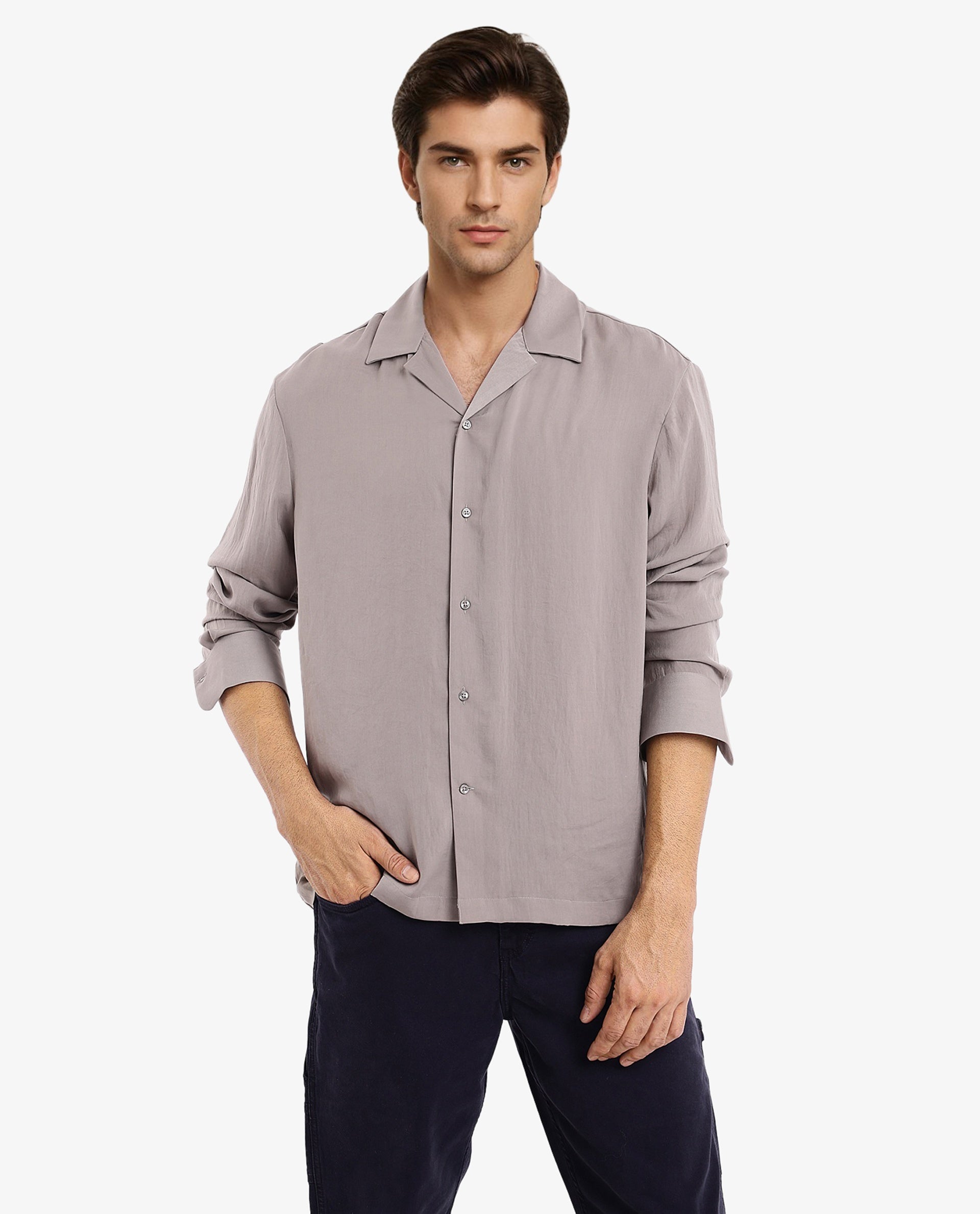 Rare Rabbit Articale Men's Enzo Dusky Grey Polyester Fabric Full Sleeve Collared Neck Button Closure Slim Fit Solid Shirt