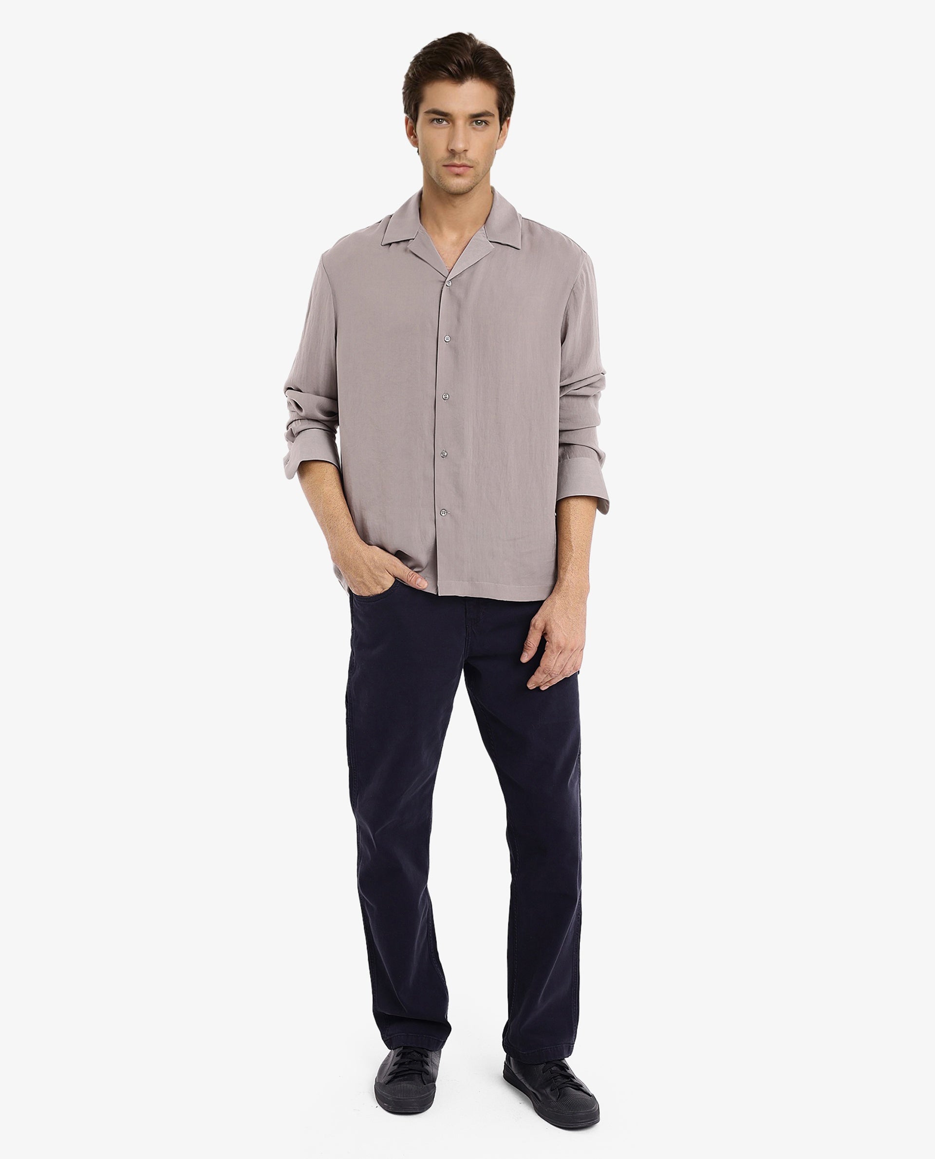 Rare Rabbit Articale Men's Enzo Dusky Grey Polyester Fabric Full Sleeve Collared Neck Button Closure Slim Fit Solid Shirt