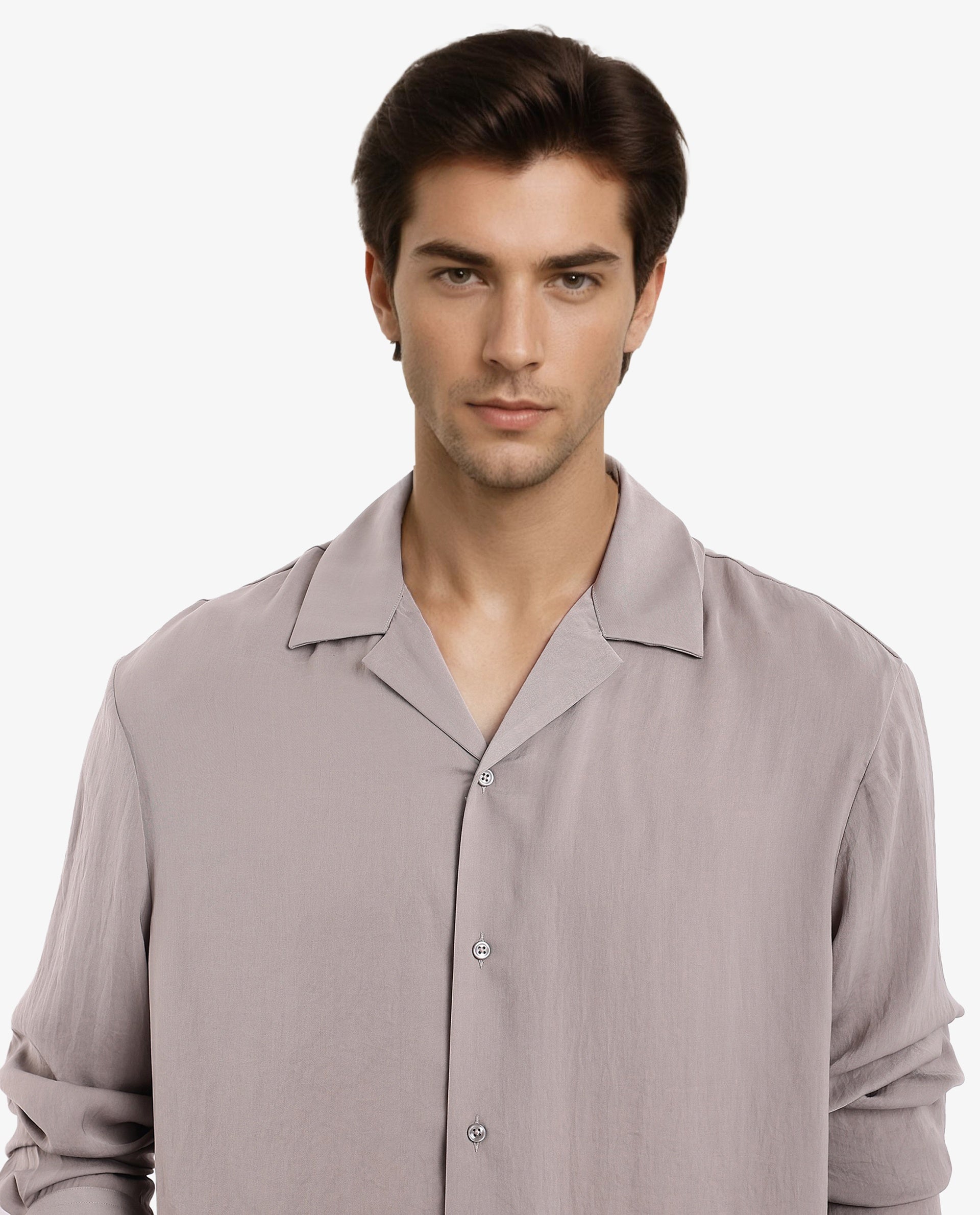 Rare Rabbit Articale Men's Enzo Dusky Grey Polyester Fabric Full Sleeve Collared Neck Button Closure Slim Fit Solid Shirt