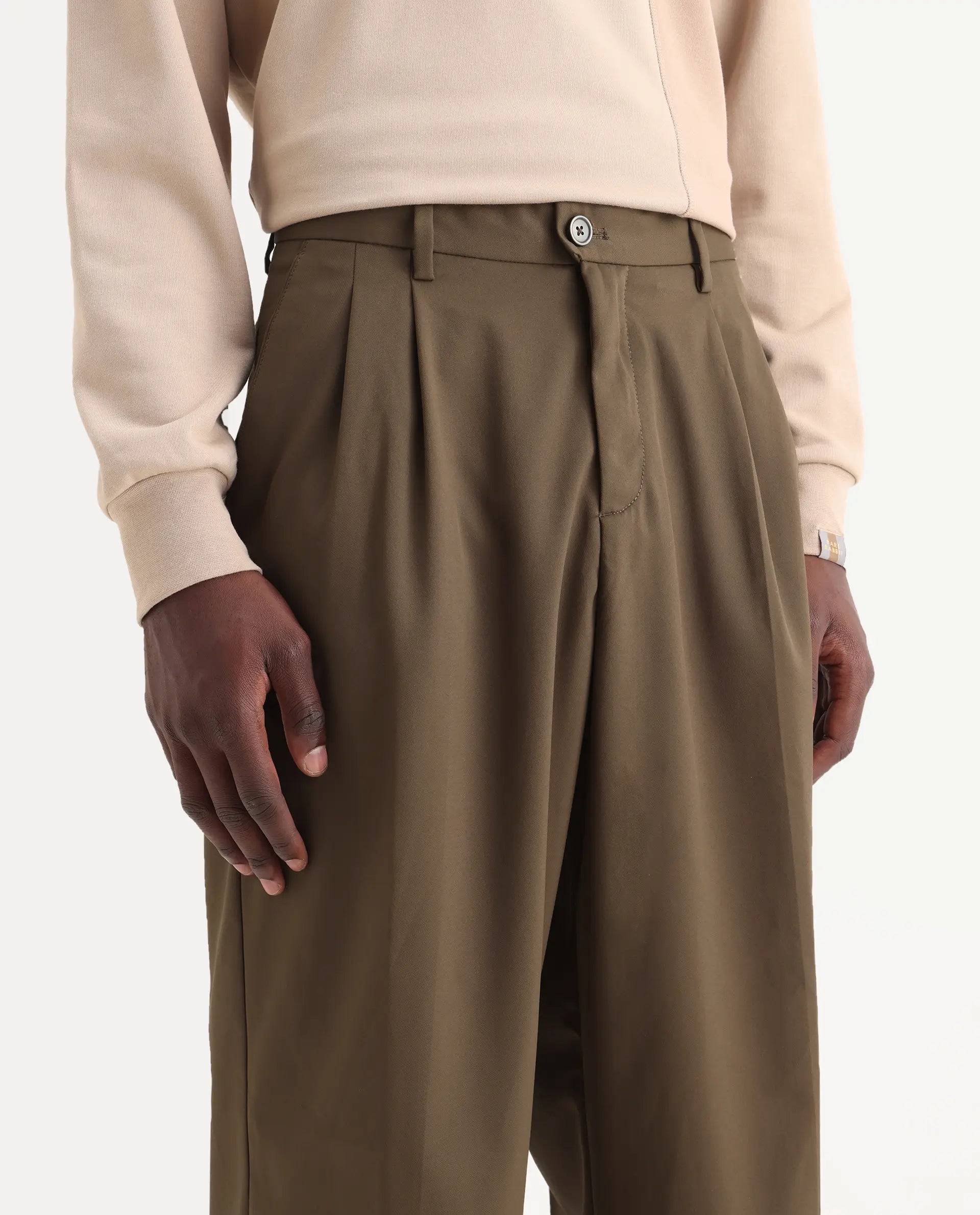 Rare Rabbit Men's Enzot Olive Cotton Plain Relaxed Fit Trouser