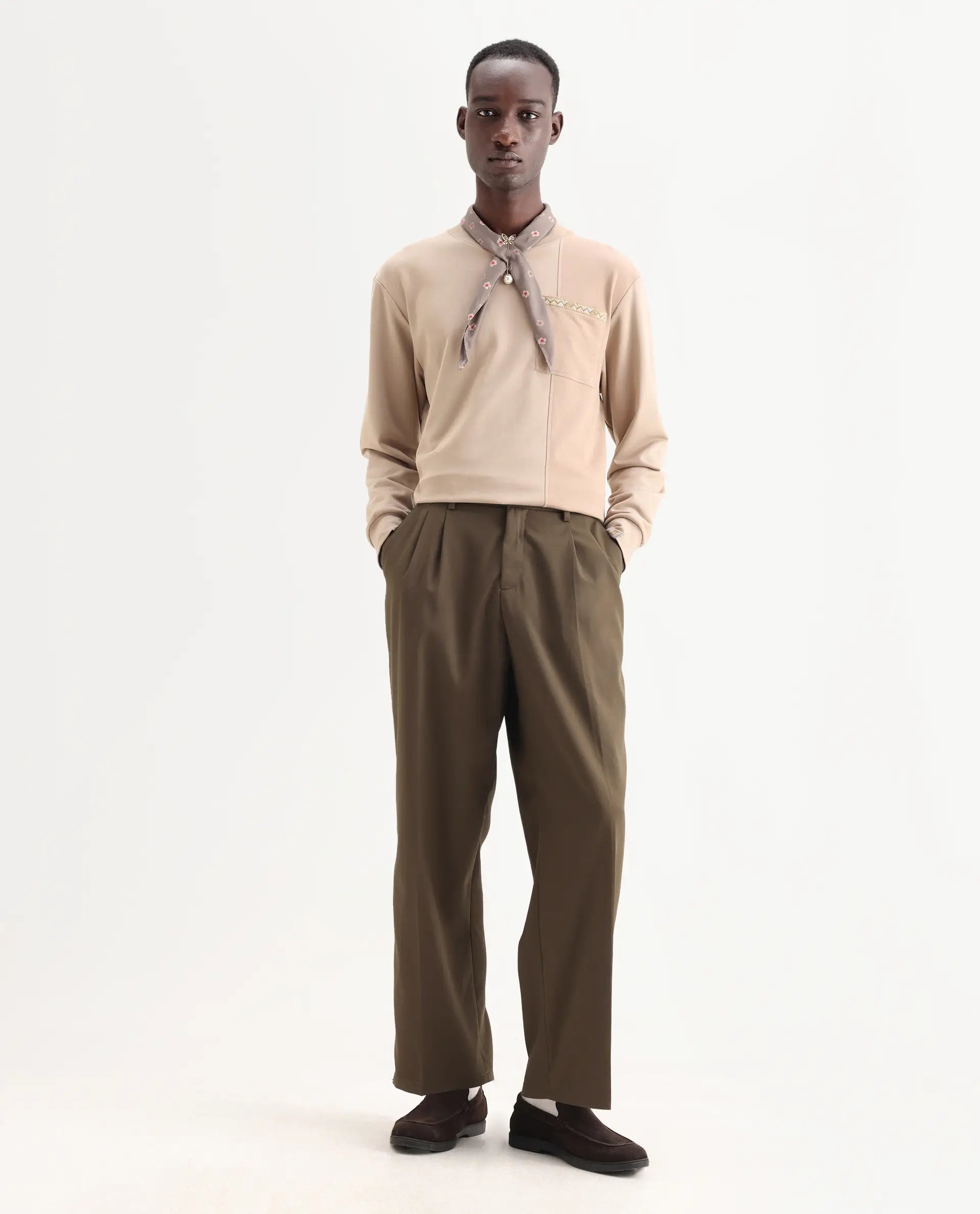 Rare Rabbit Men's Enzot Olive Cotton Plain Relaxed Fit Trouser