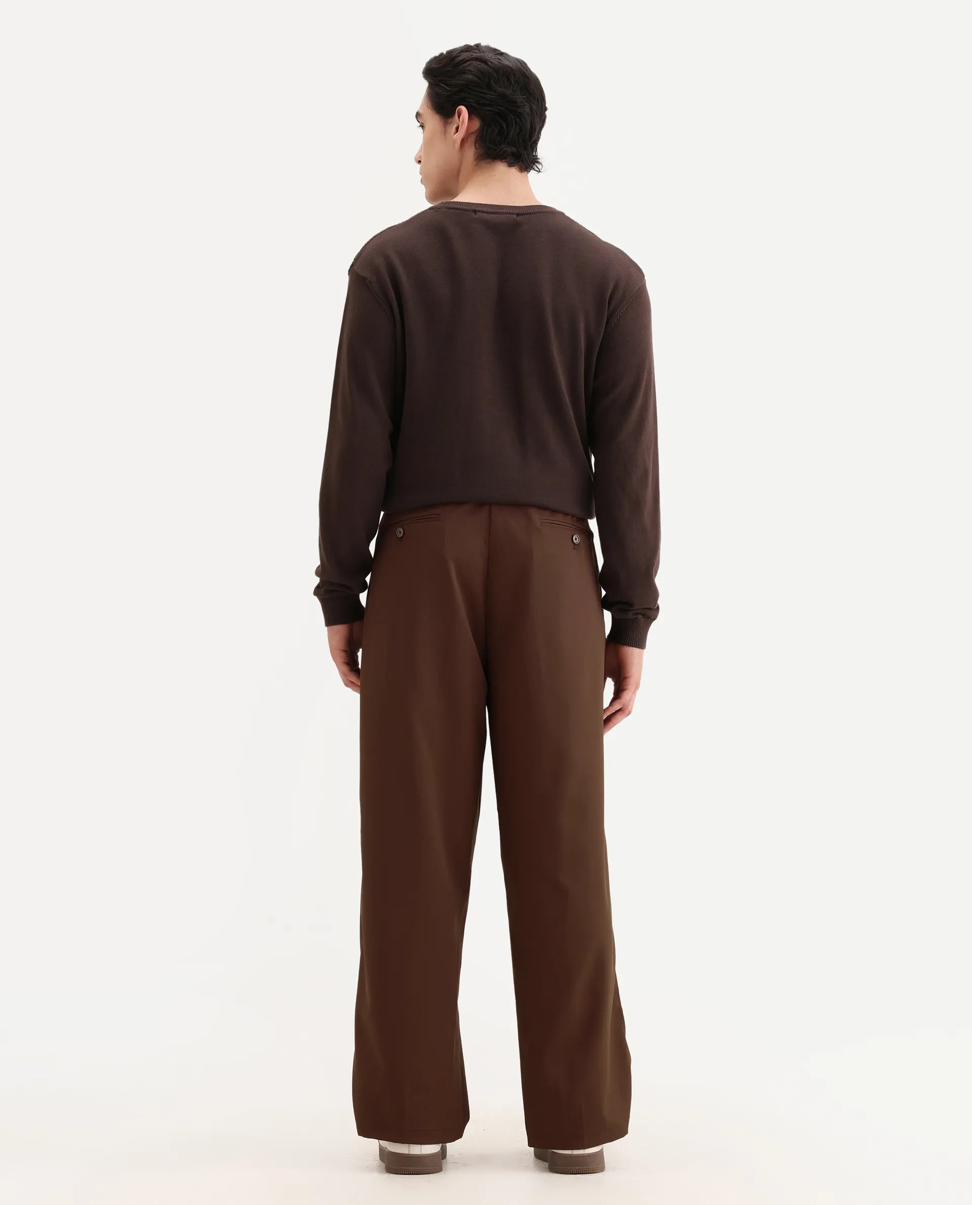 Rare Rabbit Men's Enzot Brown Cotton Plain Relaxed Fit Trouser