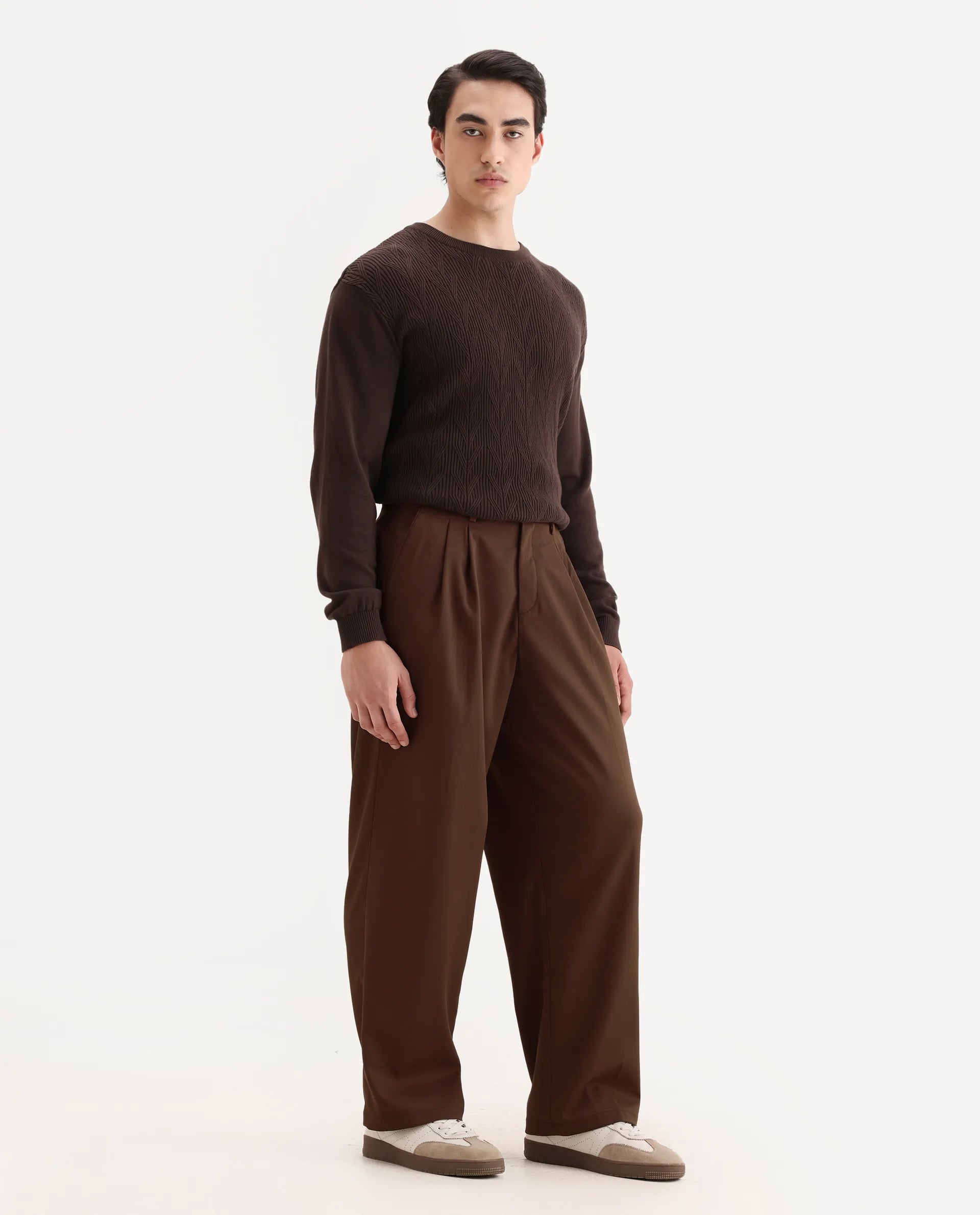 Rare Rabbit Men's Enzot Brown Cotton Plain Relaxed Fit Trouser