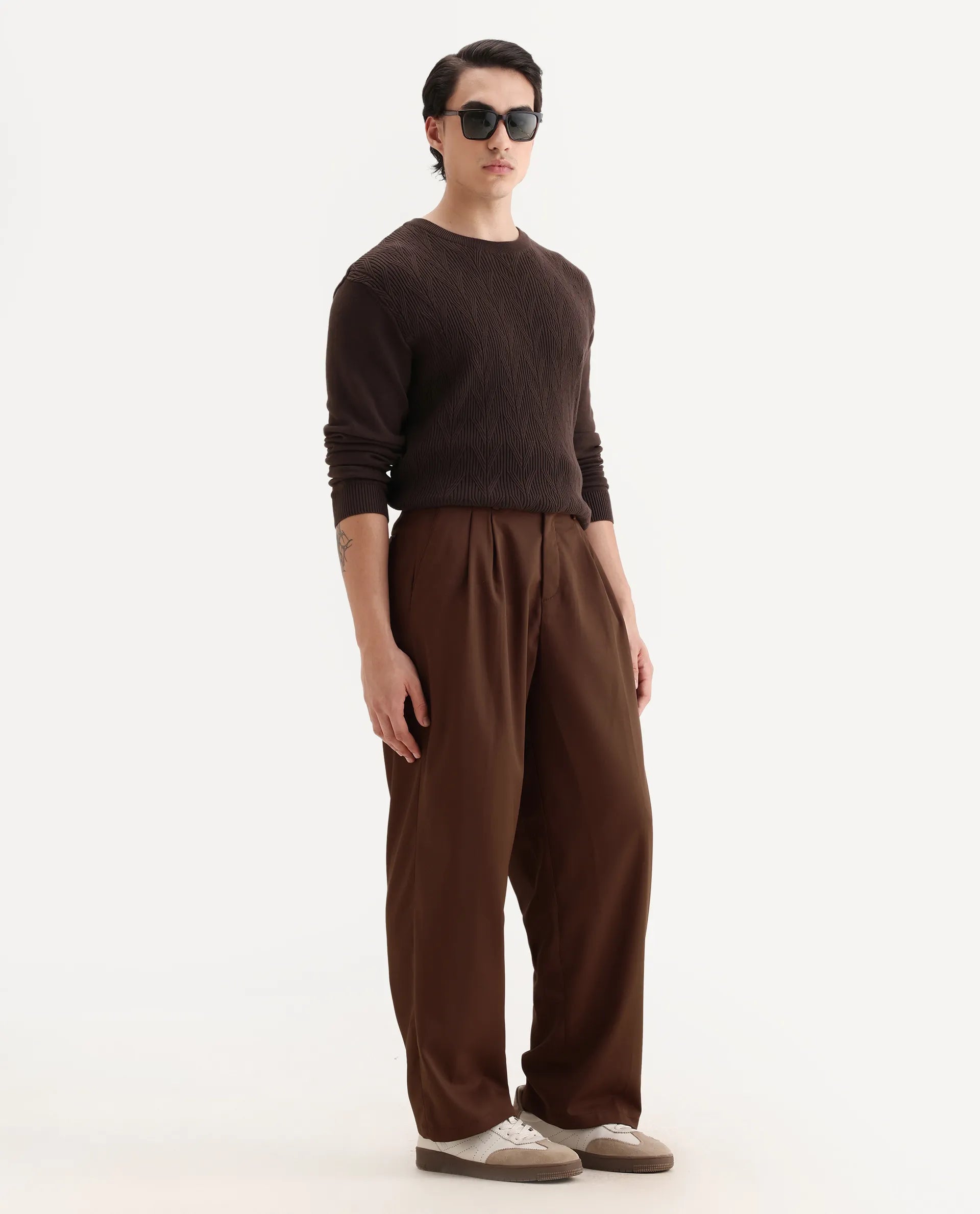 Rare Rabbit Men's Enzot Brown Cotton Plain Relaxed Fit Trouser