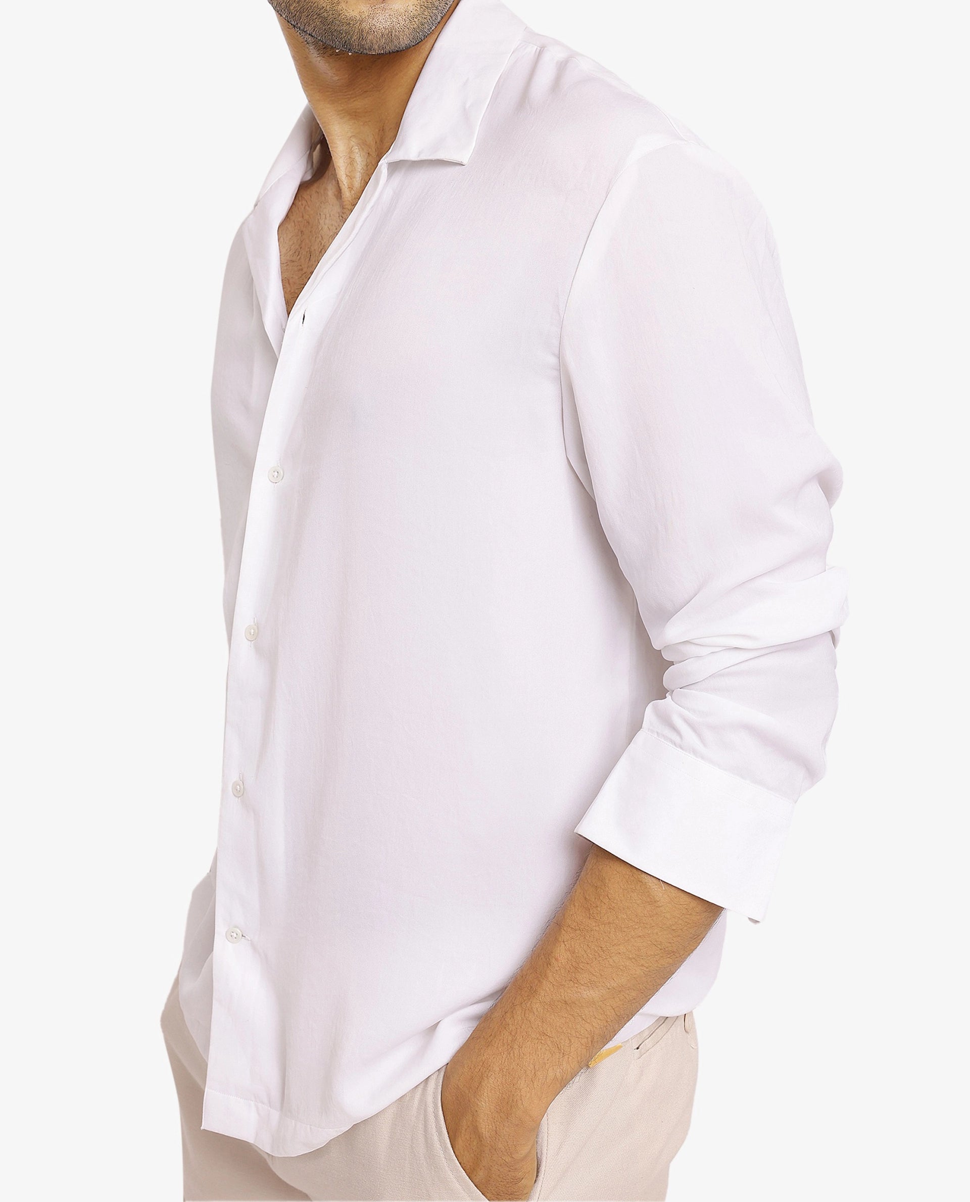 Rare Rabbit Articale Men's Enzo White Polyester Fabric Full Sleeve Collared Neck Button Closure Slim Fit Solid Shirt