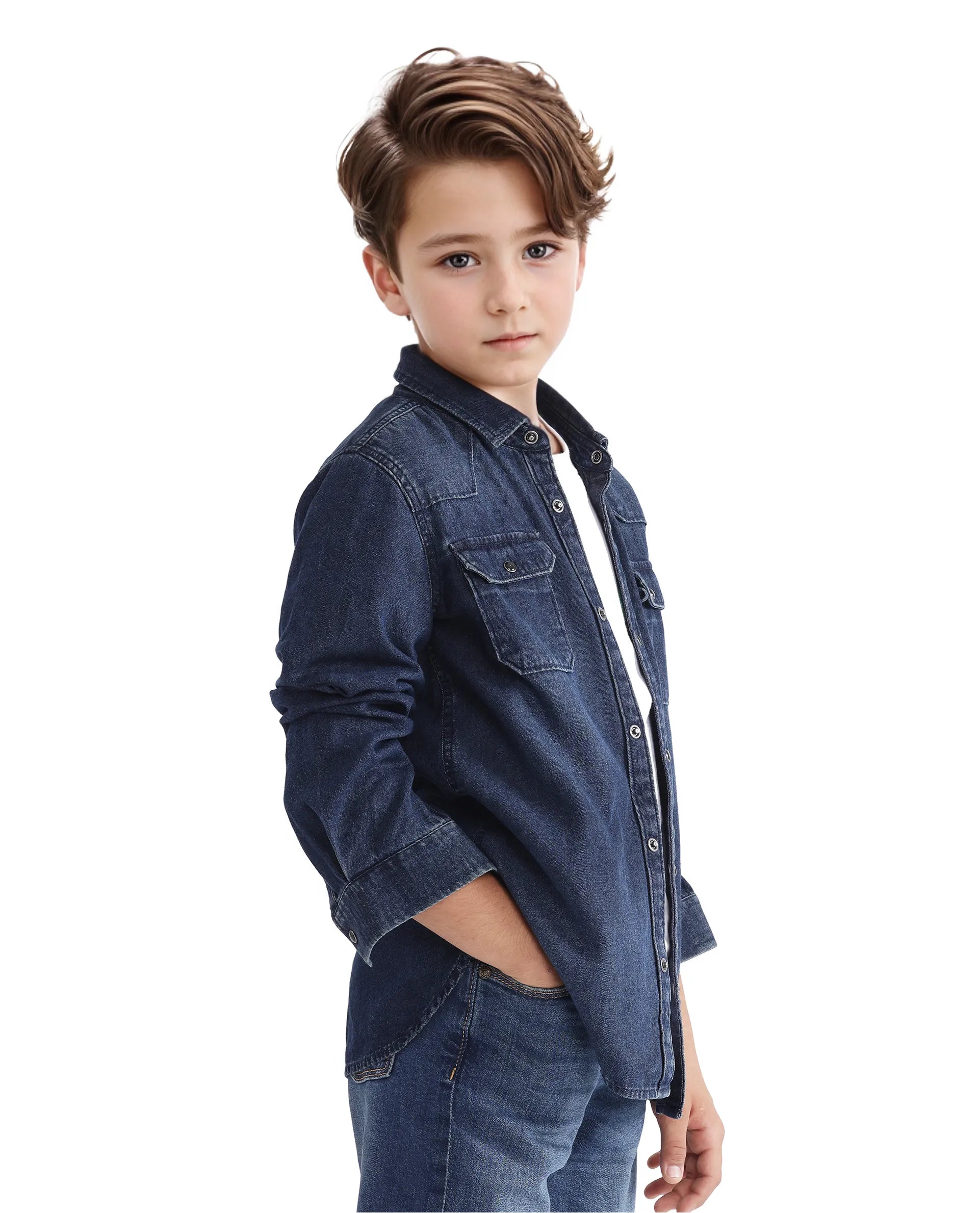 Rare Ones Kids Epan Navy Denim Full Sleeve Spread Collar Solid Shirt