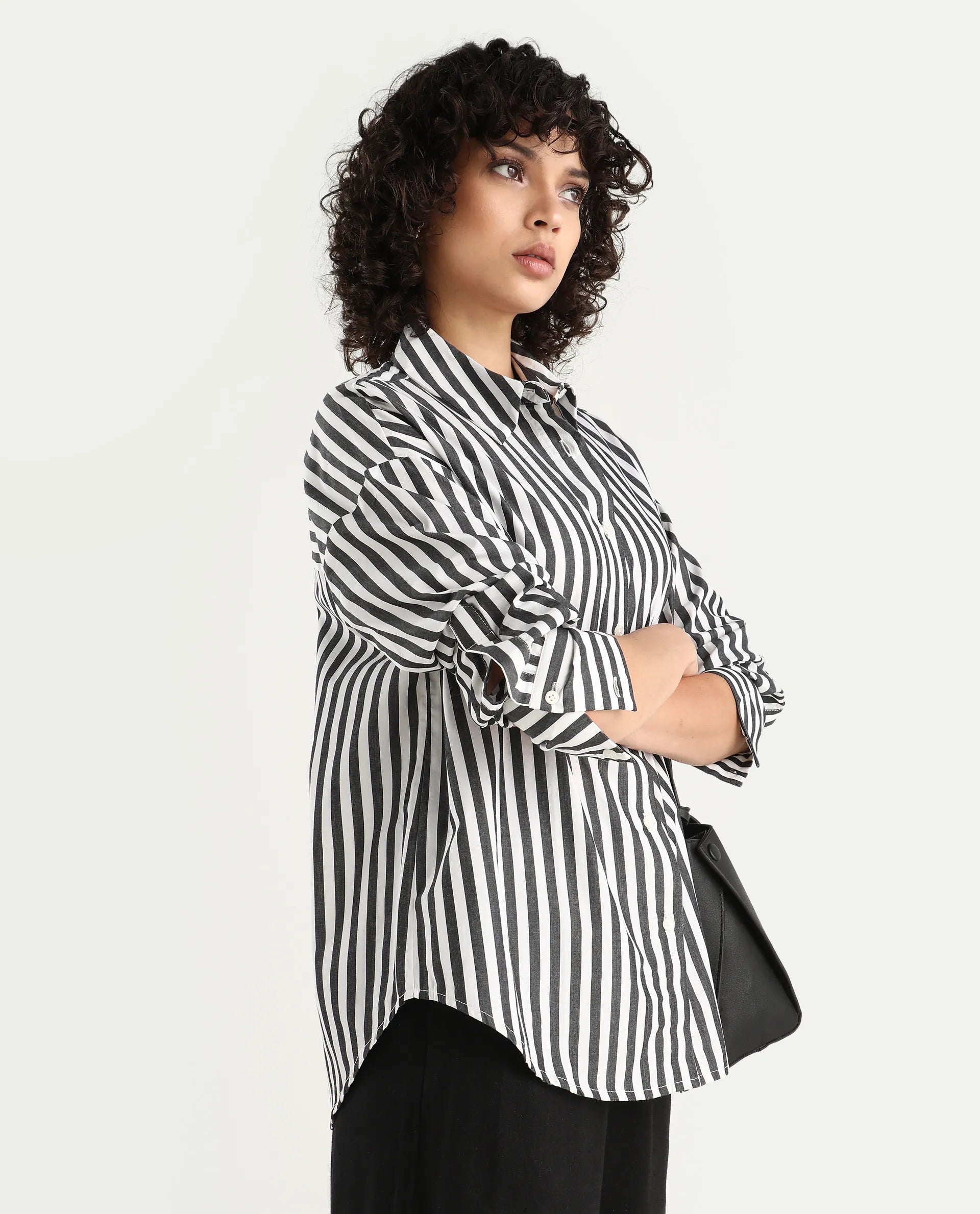 Rareism Women's Epdyed White Cotton Striped Cuffed Sleeve Boxy Fit Shirt