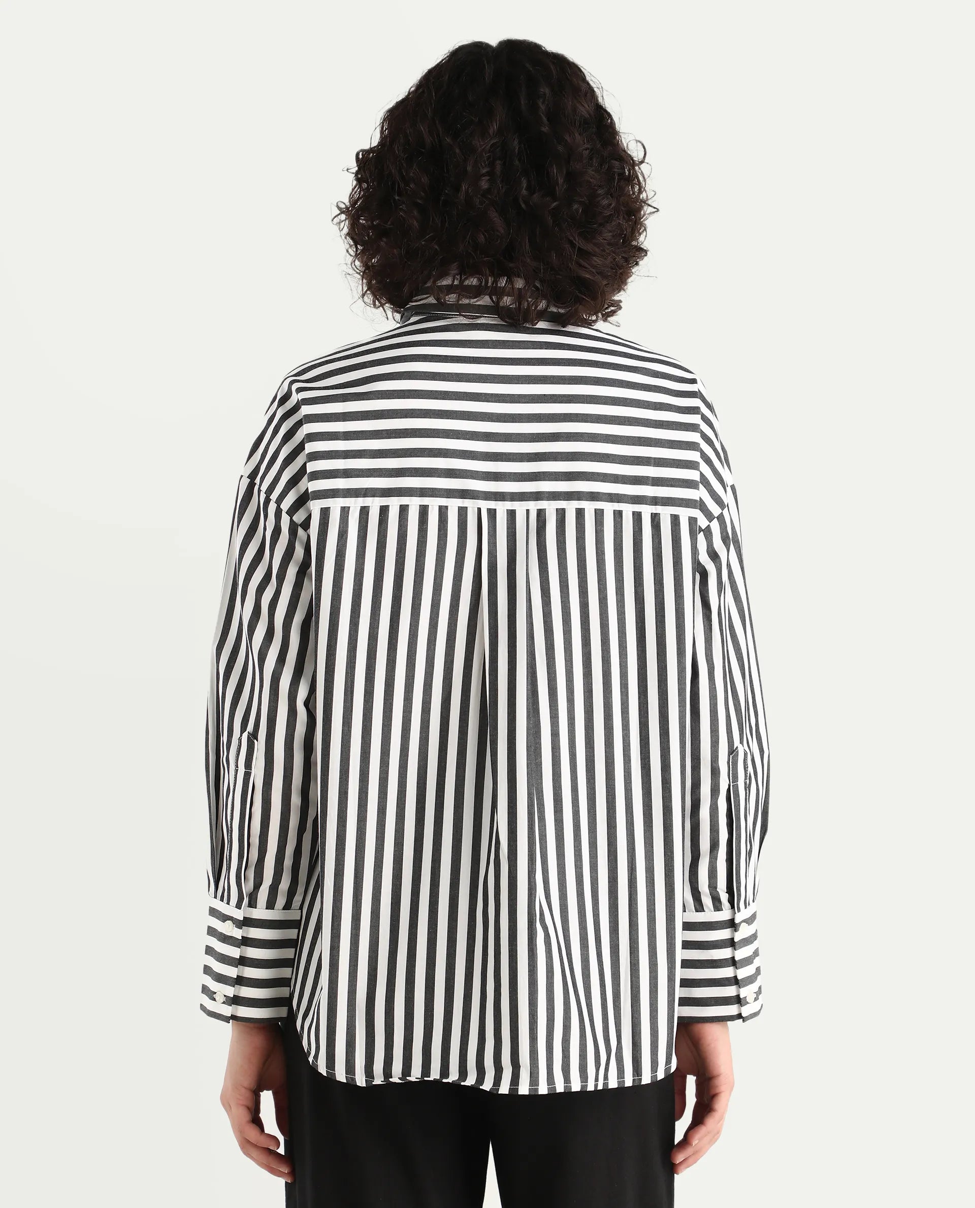 Rareism Women's Epdyed White Cotton Striped Cuffed Sleeve Boxy Fit Shirt
