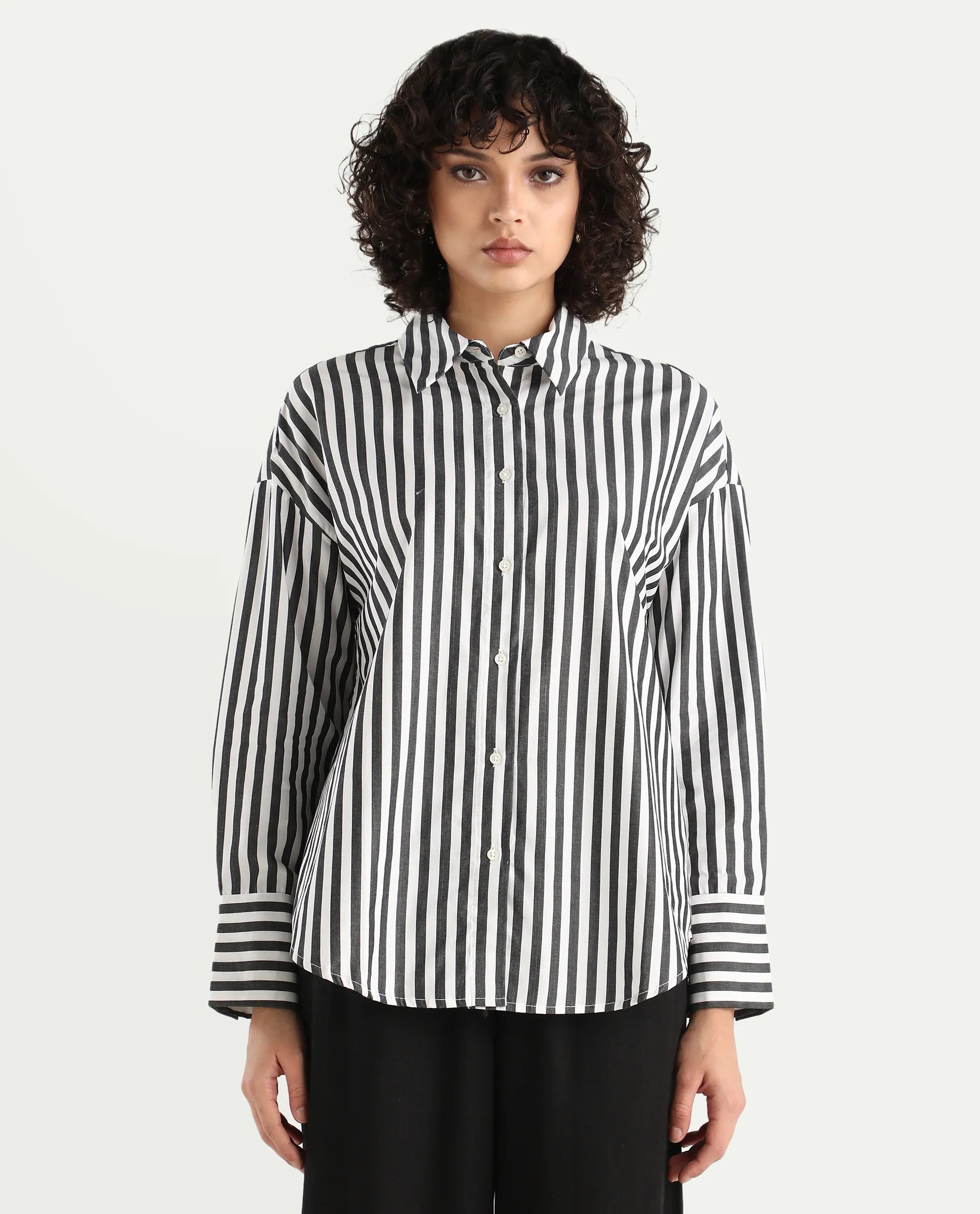 Rareism Women's Epdyed White Cotton Striped Cuffed Sleeve Boxy Fit Shirt