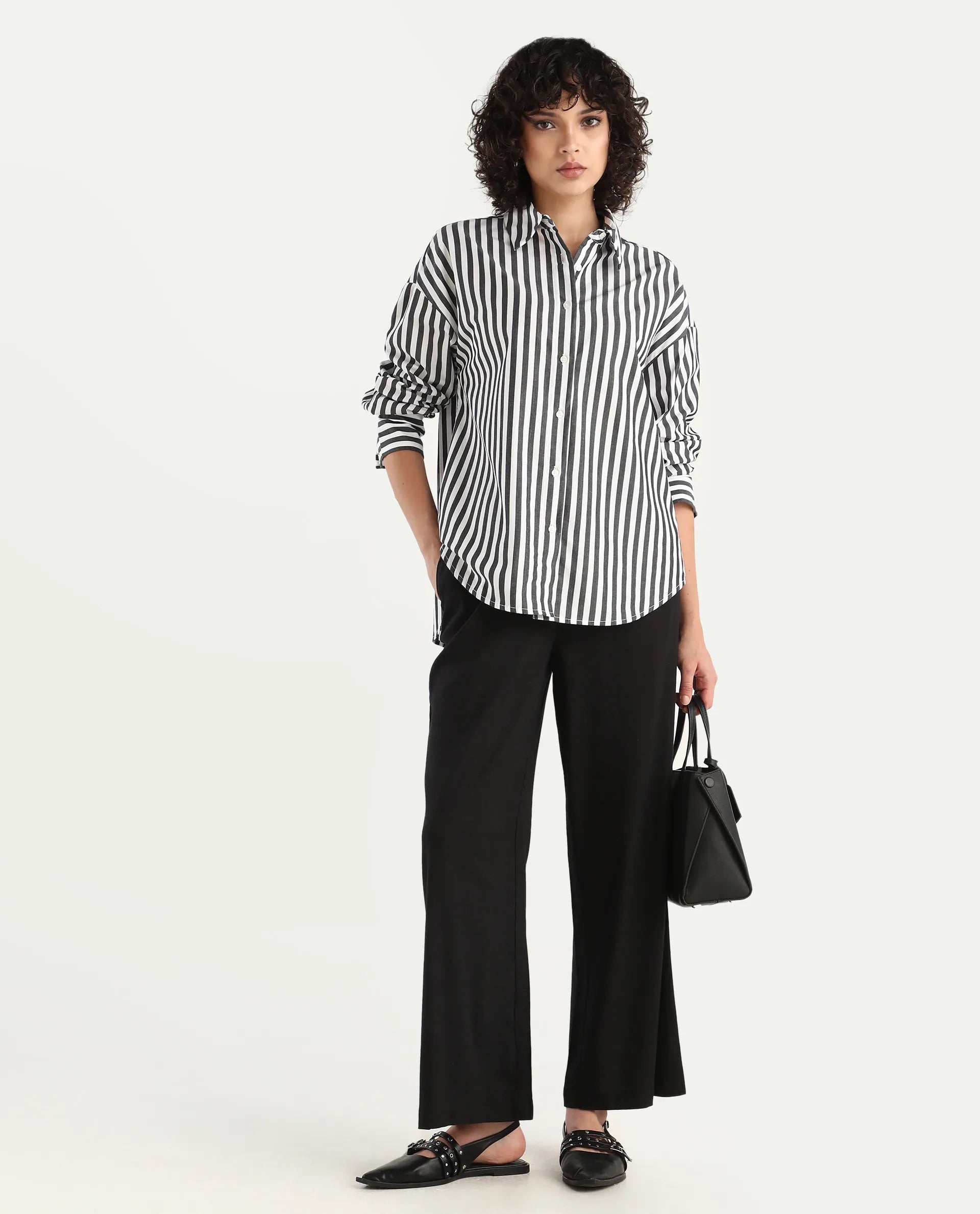 Rareism Women's Epdyed White Cotton Striped Cuffed Sleeve Boxy Fit Shirt