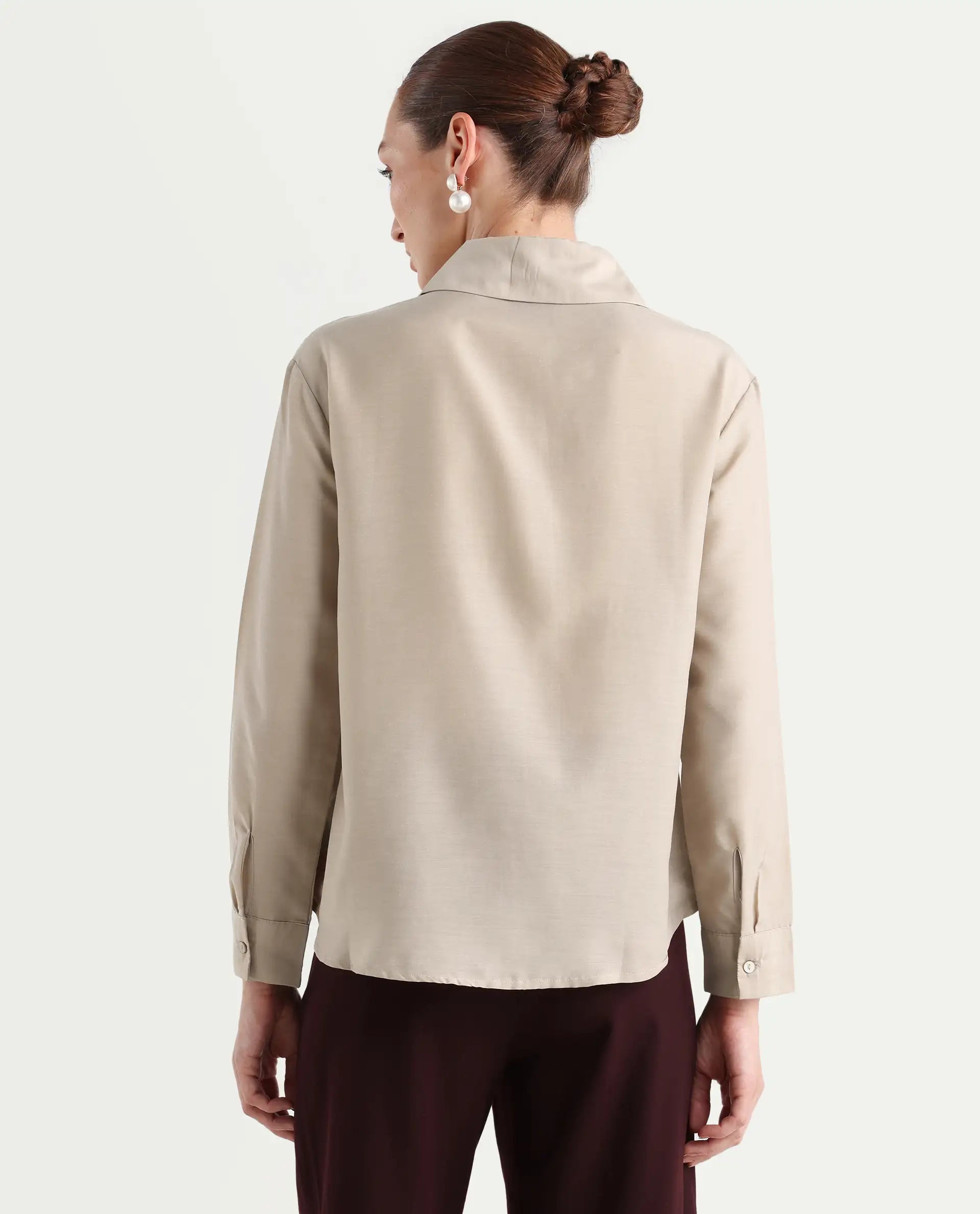 Rareism Women's Epets Beige Polyester Collared Plain Regular Fit Shirt