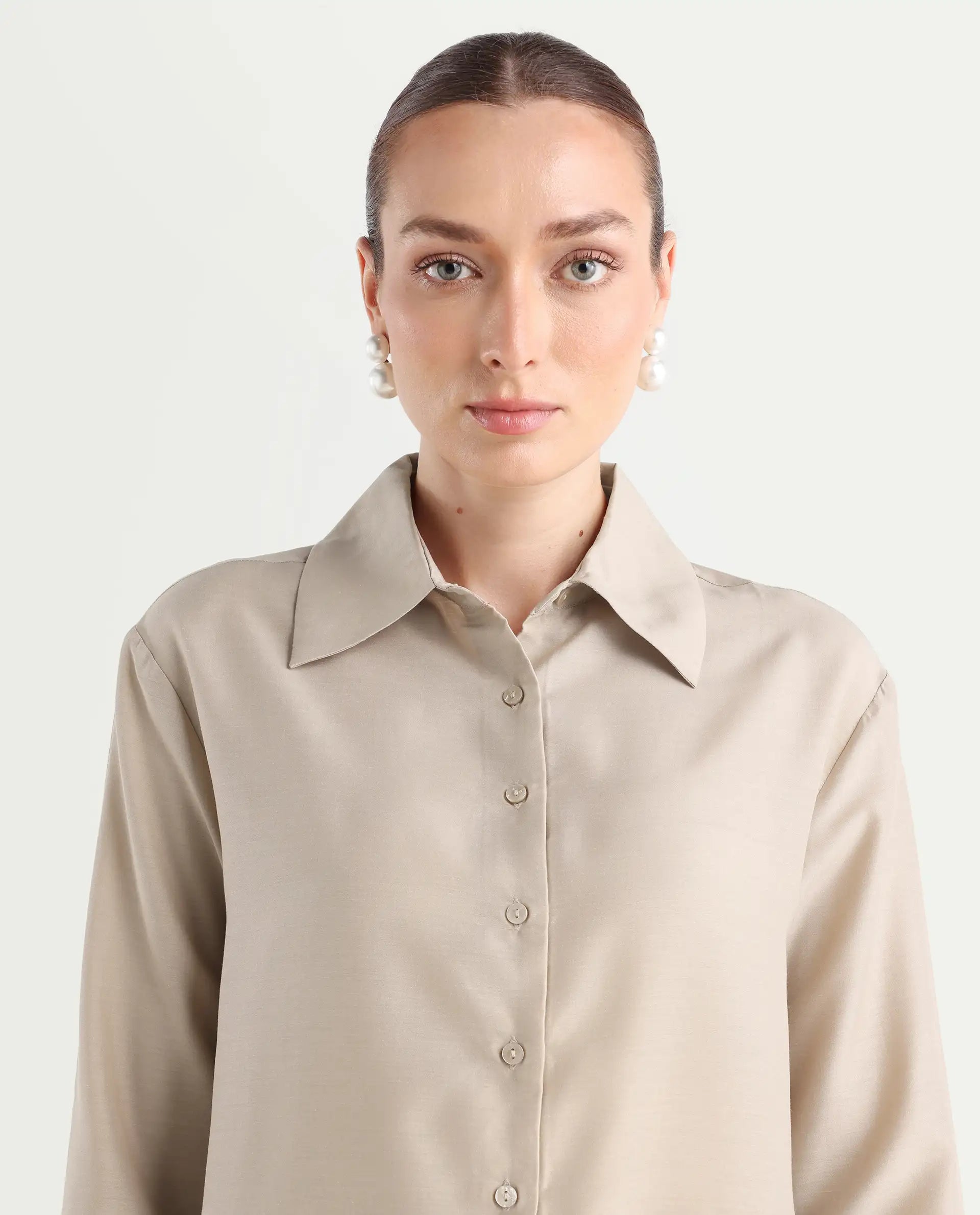 Rareism Women's Epets Beige Polyester Collared Plain Regular Fit Shirt