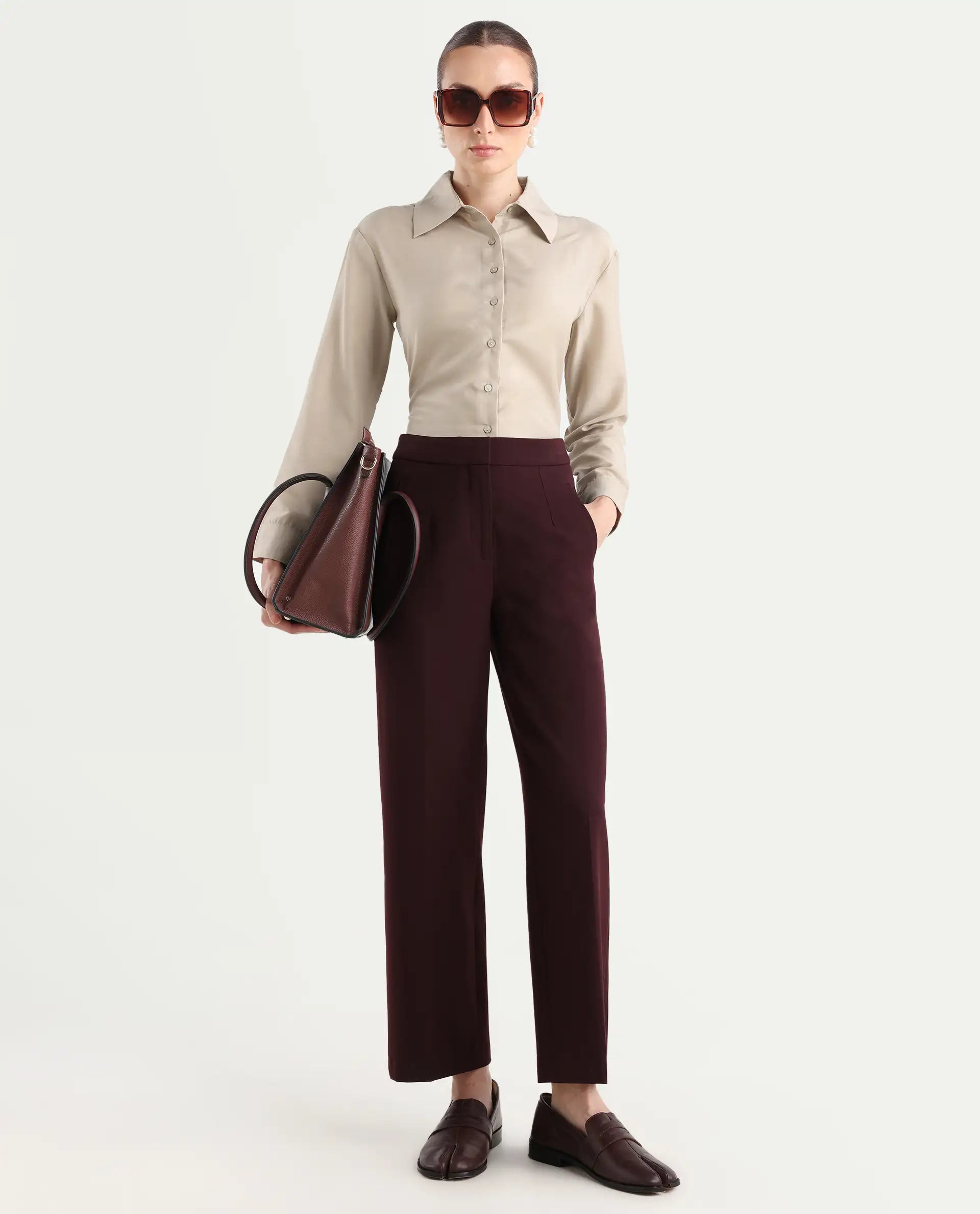 Rareism Women's Epets Beige Polyester Collared Plain Regular Fit Shirt