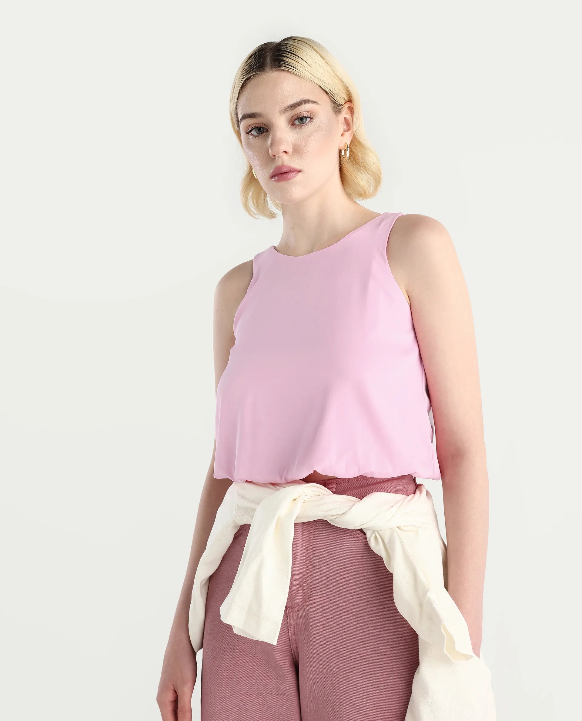 Rareism Women's Epfixo Pink Satin Crew Neck Plain Sleeveless Crop Regular Fit Top